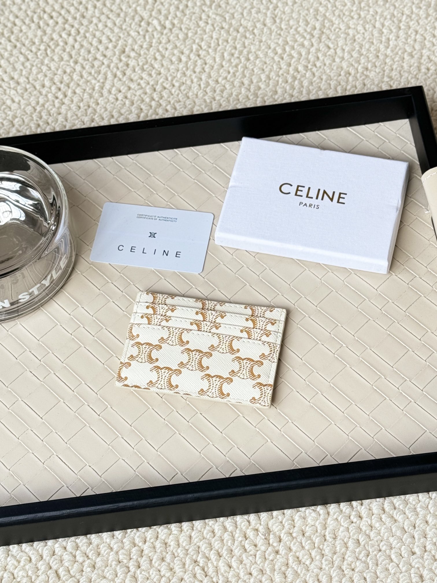 Celine Triomphe card holder white coated canvas with gold-tone Triomphe monogram print and gold-tone metal hardware 10cm x 7cm