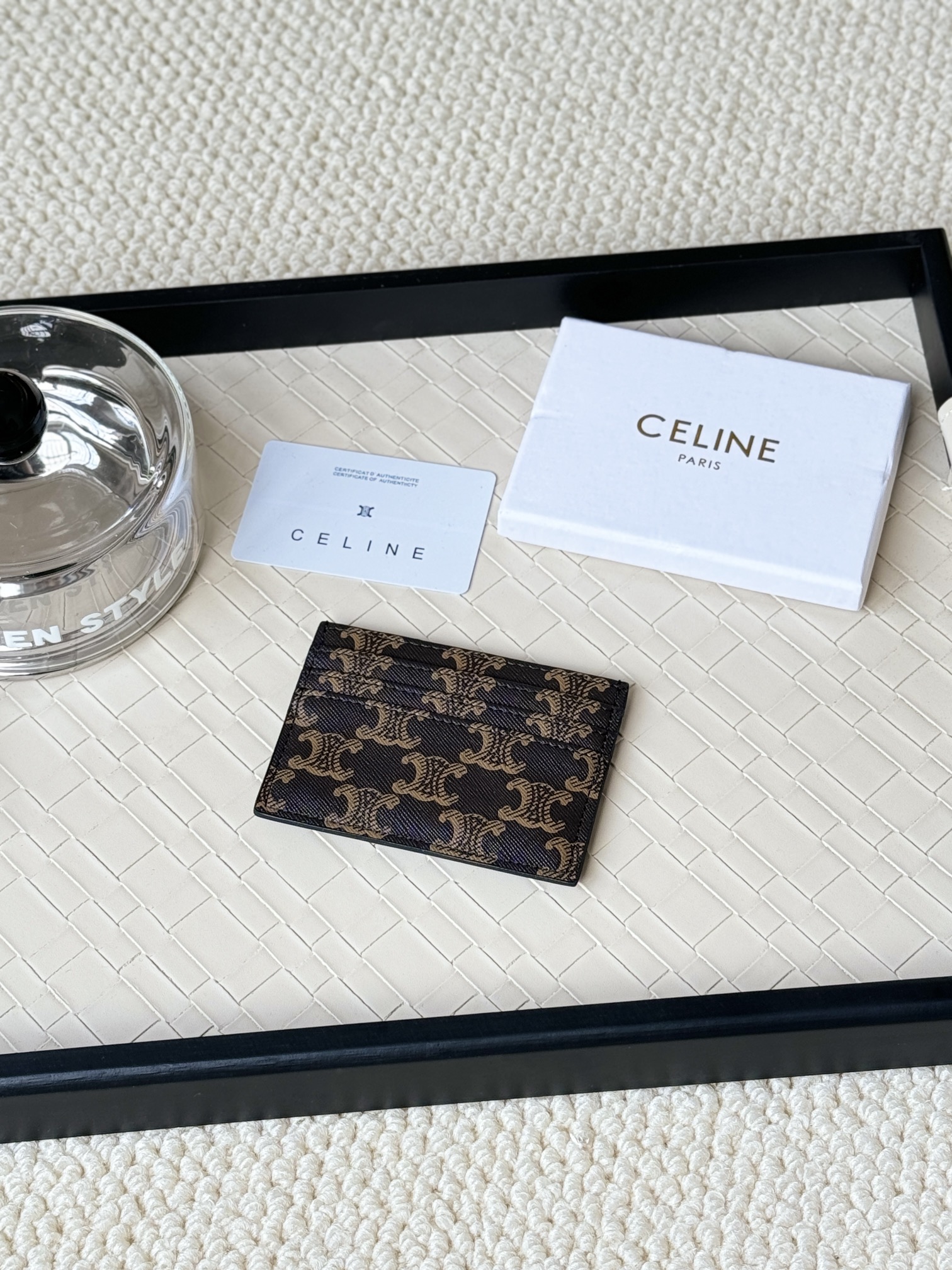 Celine Triomphe card holder dark brown coated canvas with tan Triomphe monogram gold-tone metal hardware black leather trim 10cm x 7 5cm