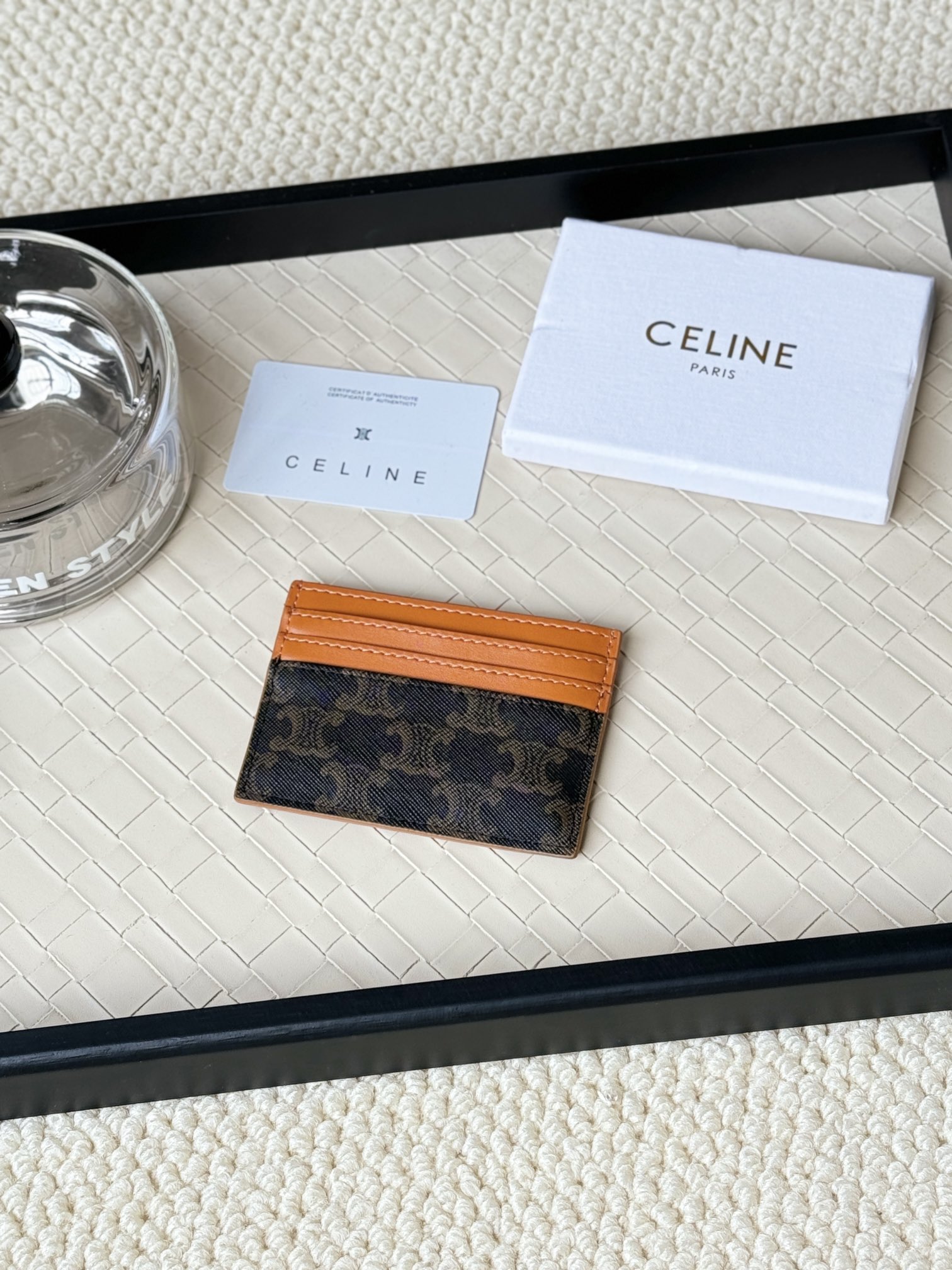 Celine Triomphe Canvas Card Holder card holder Tan smooth calfskin leather dark brown Triomphe monogram coated canvas 10 5cm x 7