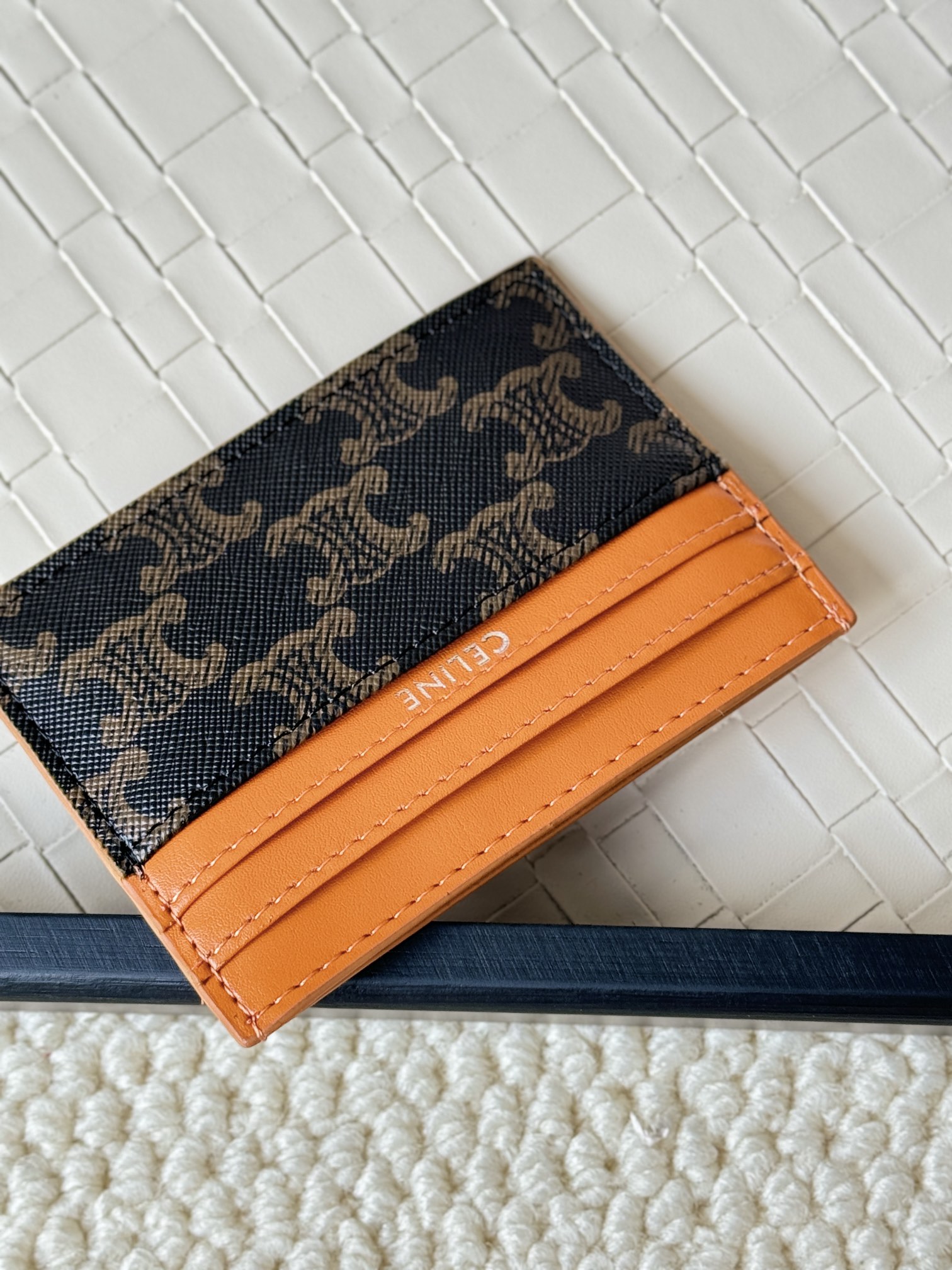 Celine Triomphe Canvas Card Holder card holder Tan smooth calfskin leather dark brown Triomphe monogram coated canvas 10 5cm x 7