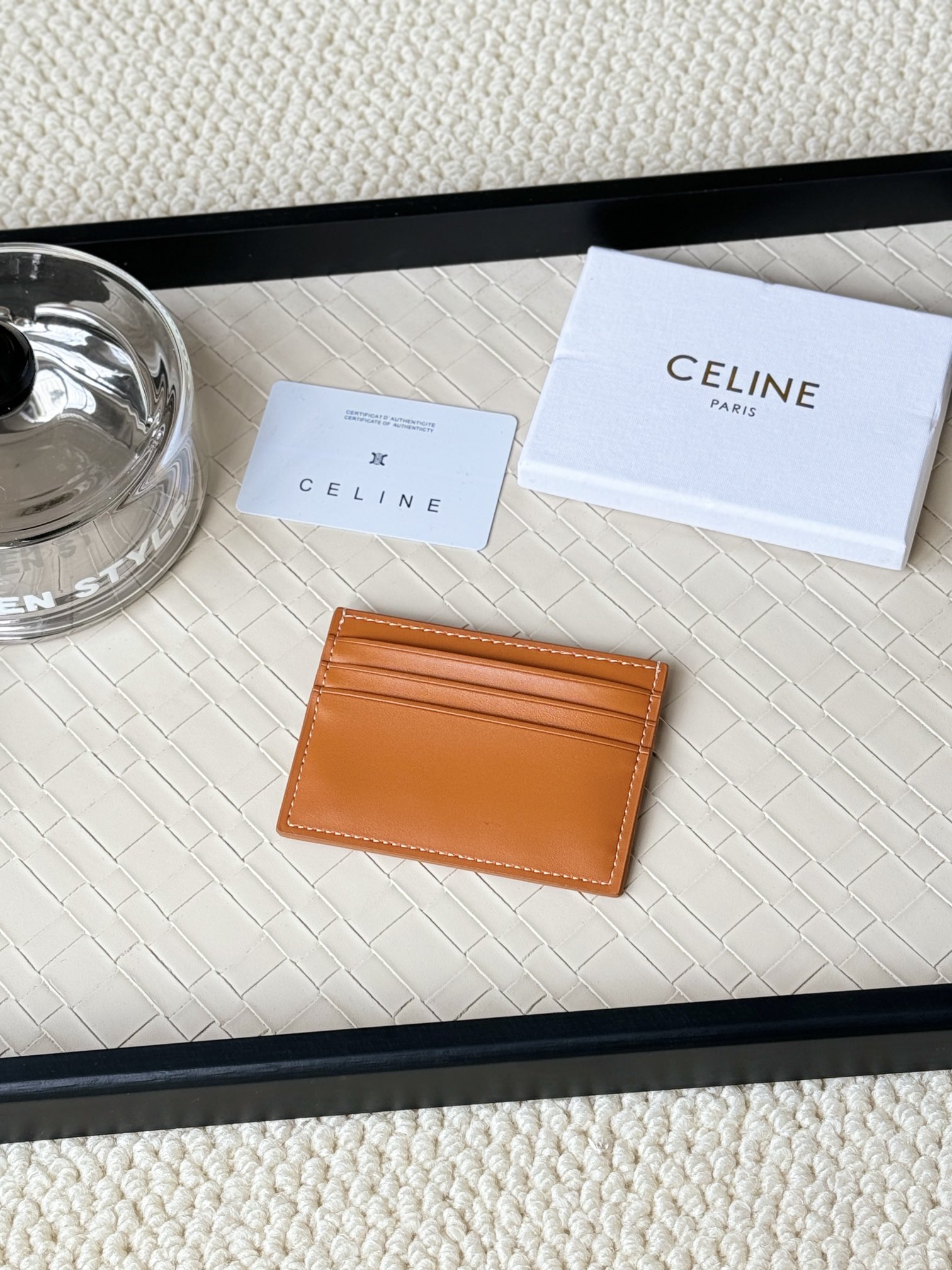 Celine Triomphe card holder tan smooth leather with embossed tan Triomphe logo white contrast stitching 10 5cm x 7