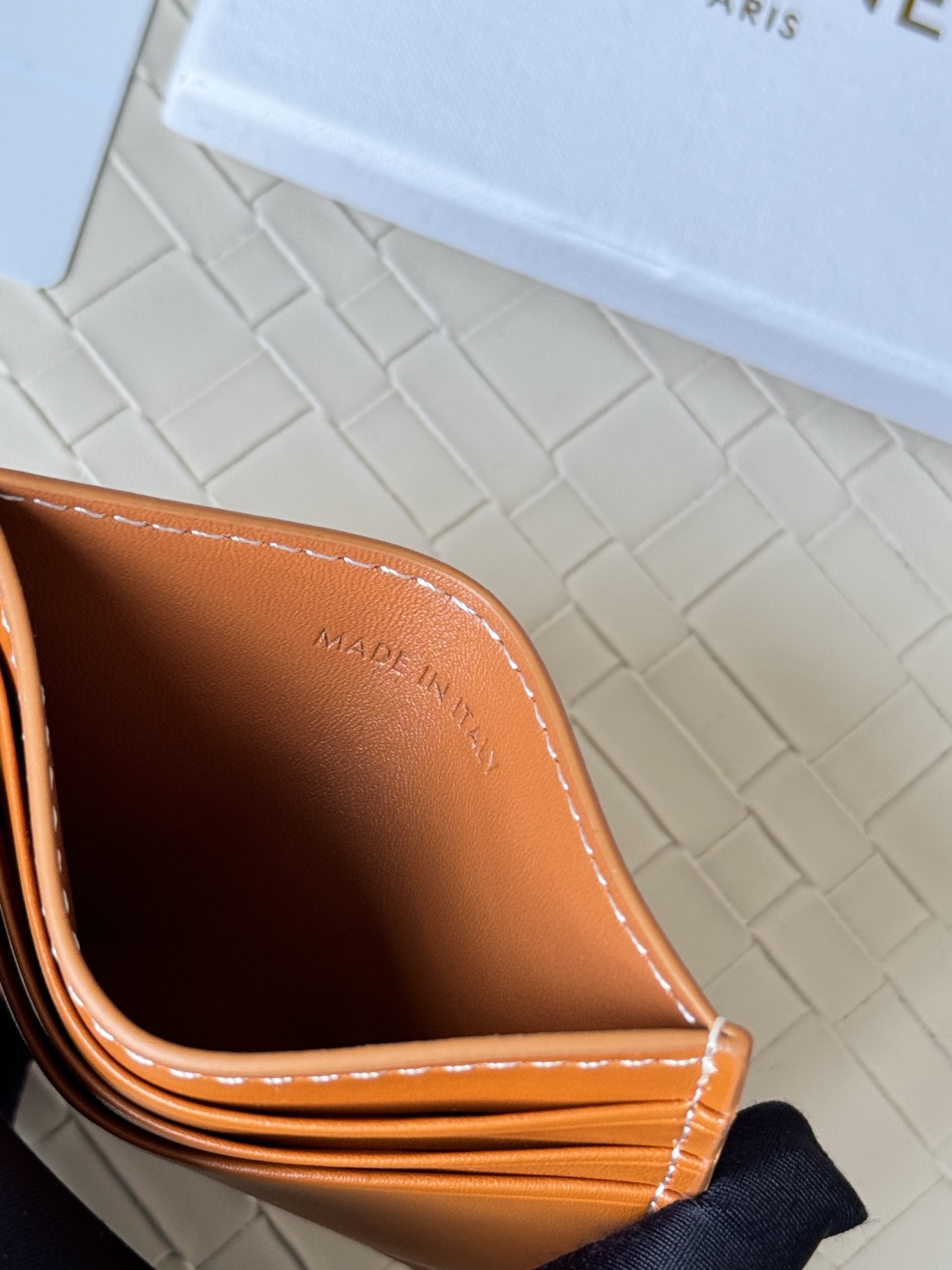 Celine Triomphe card holder tan smooth leather with embossed tan Triomphe logo white contrast stitching 10 5cm x 7