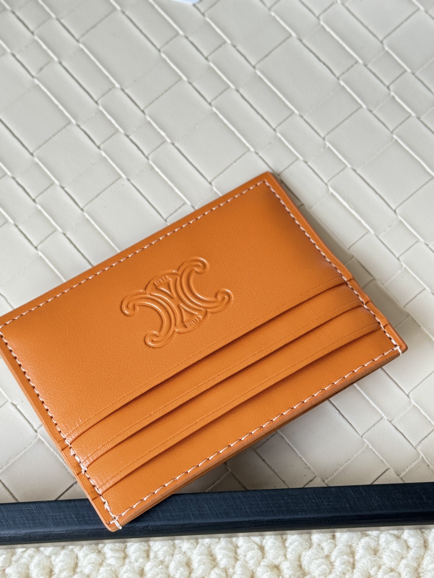 Celine Triomphe card holder tan smooth leather with embossed tan Triomphe logo white contrast stitching 10 5cm x 7