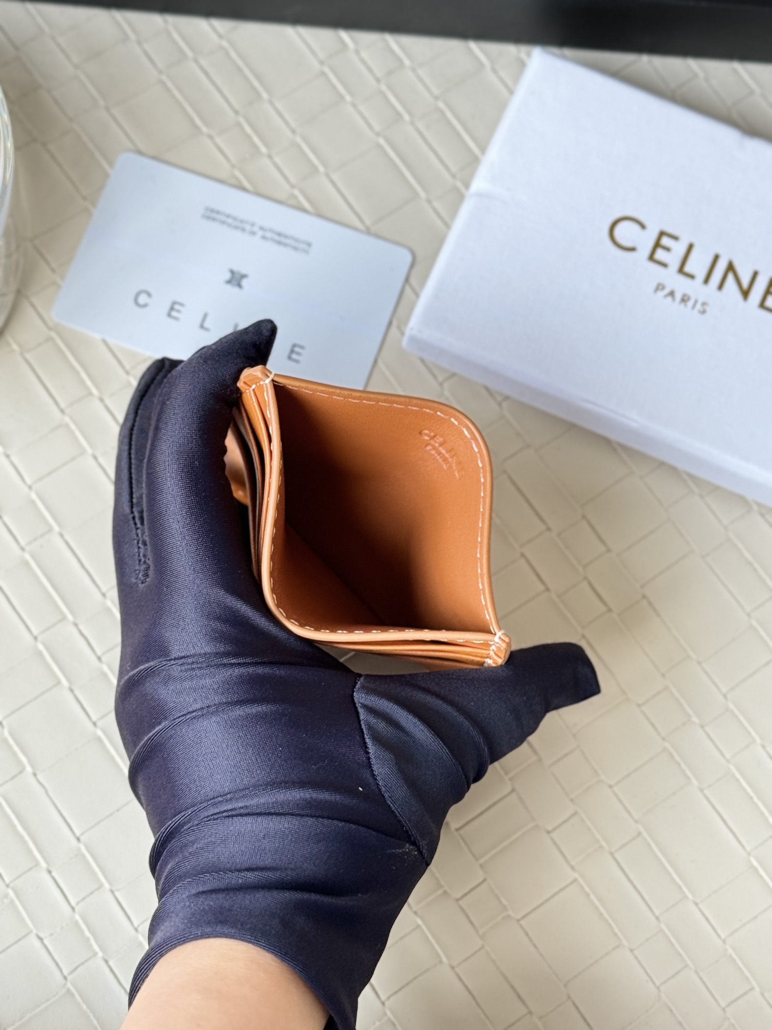 Celine Triomphe card holder tan smooth leather with embossed tan Triomphe logo white contrast stitching 10 5cm x 7
