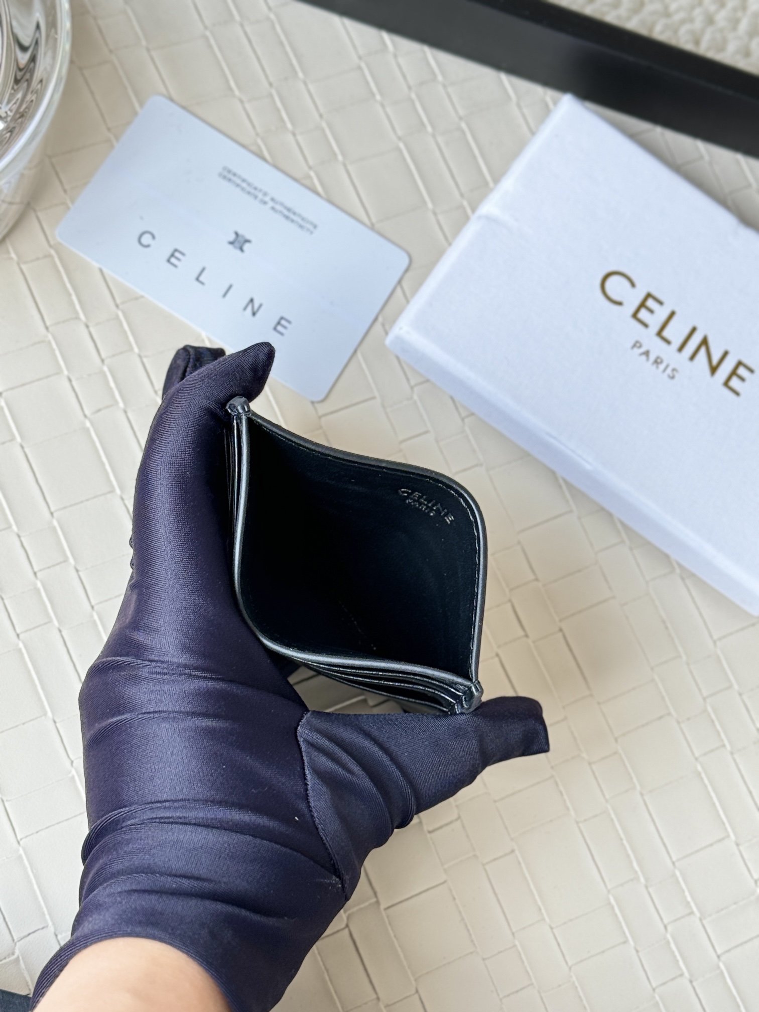 Celine Triomphe card holder Black smooth leather with black embossed Triomphe logo 10 5cm x 7
