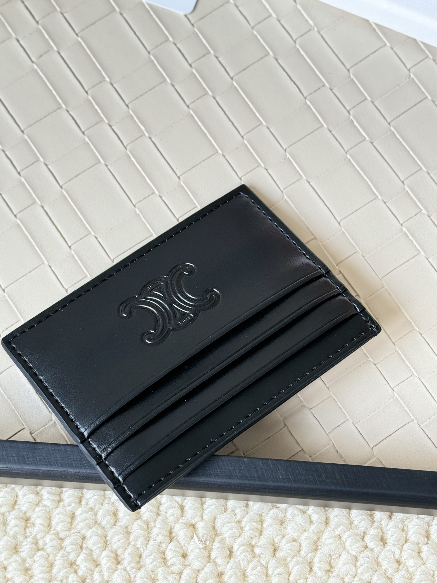 Celine Triomphe card holder Black smooth leather with black embossed Triomphe logo 10 5cm x 7