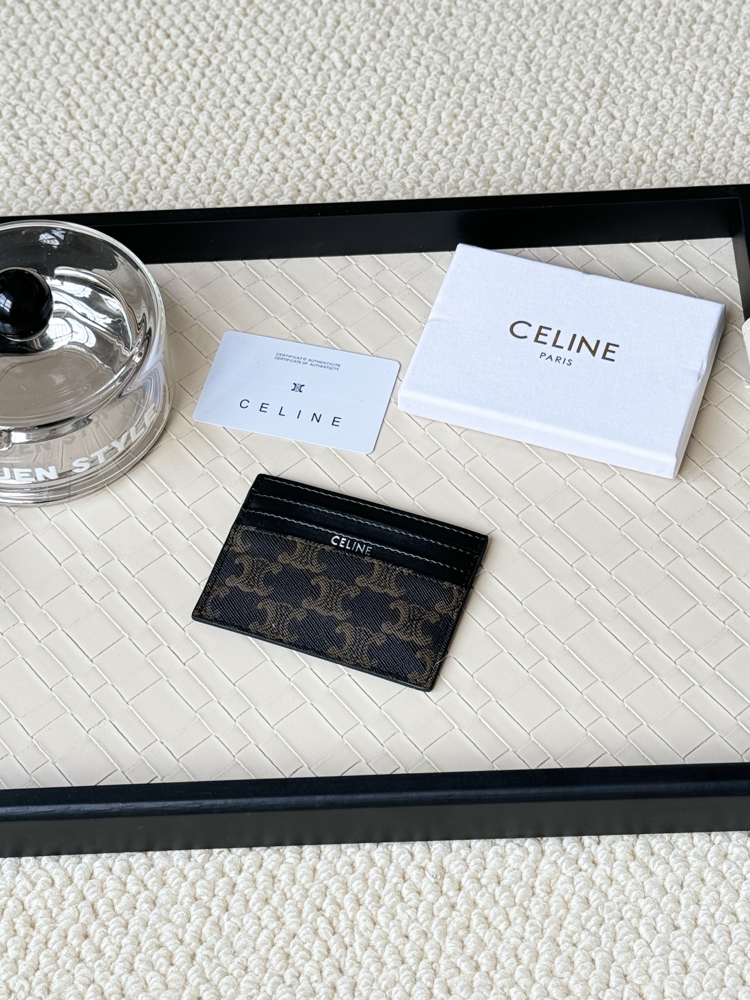 Celine Triomphe Canvas Card Holder card holder black coated canvas with brown triomphe monogram black smooth leather trim silver-tone logo print 10 5cm x 7
