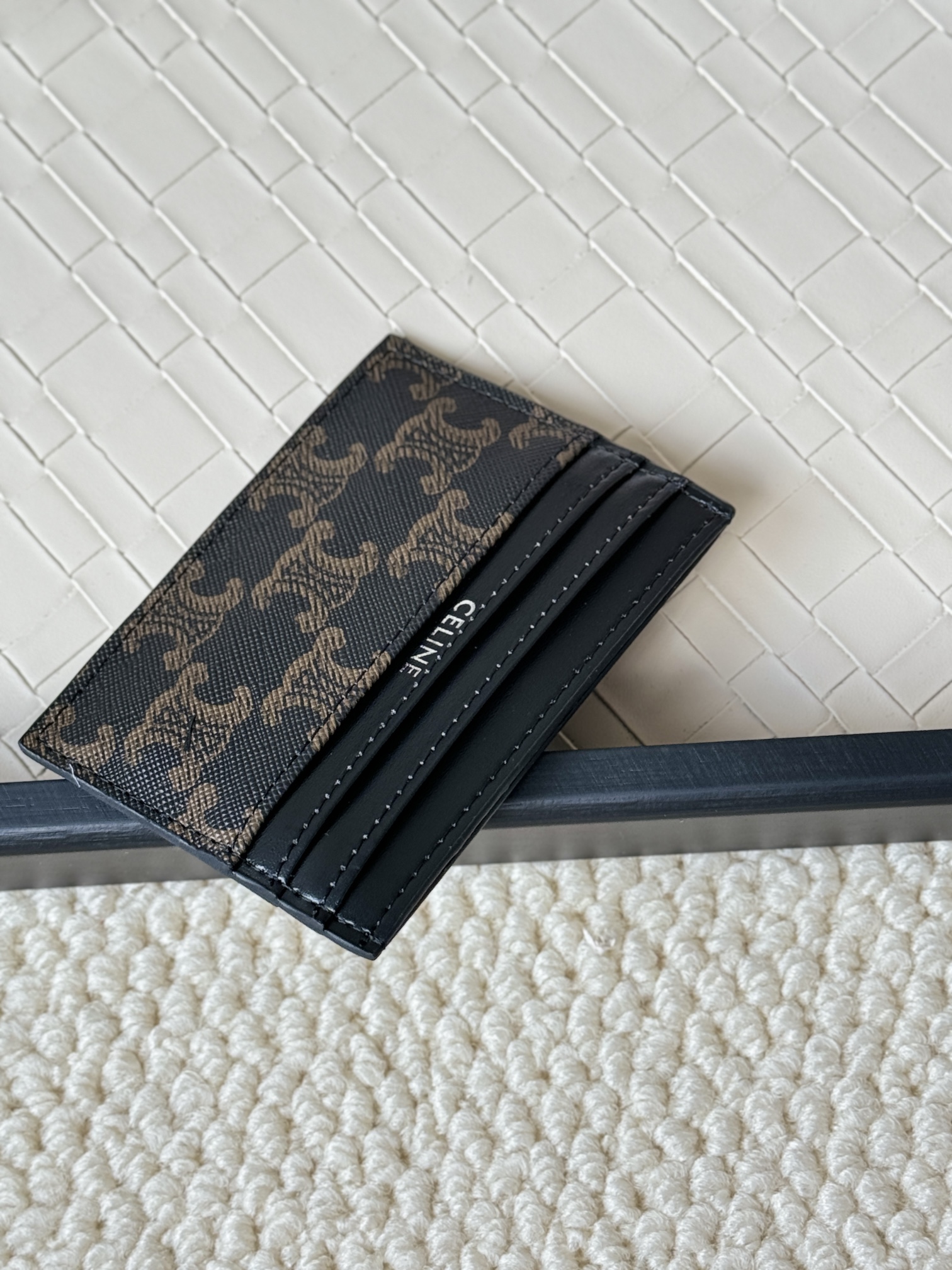 Celine Triomphe Canvas Card Holder card holder black coated canvas with brown triomphe monogram black smooth leather trim silver-tone logo print 10 5cm x 7