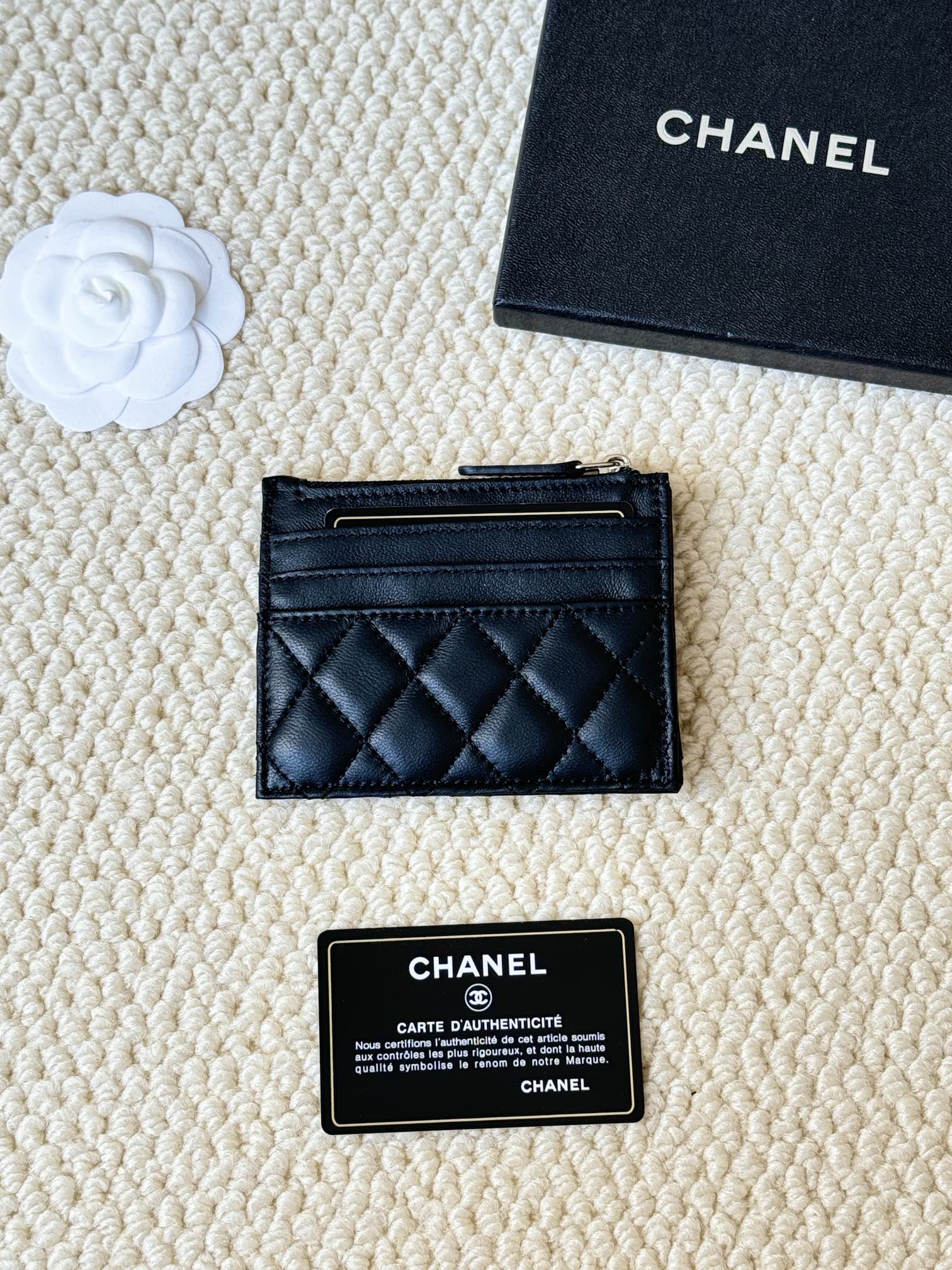 Chanel Classic Quilted Lambskin Zip Card Holder card holder Black lambskin leather with silver-tone metal hardware 11cm x 8cm