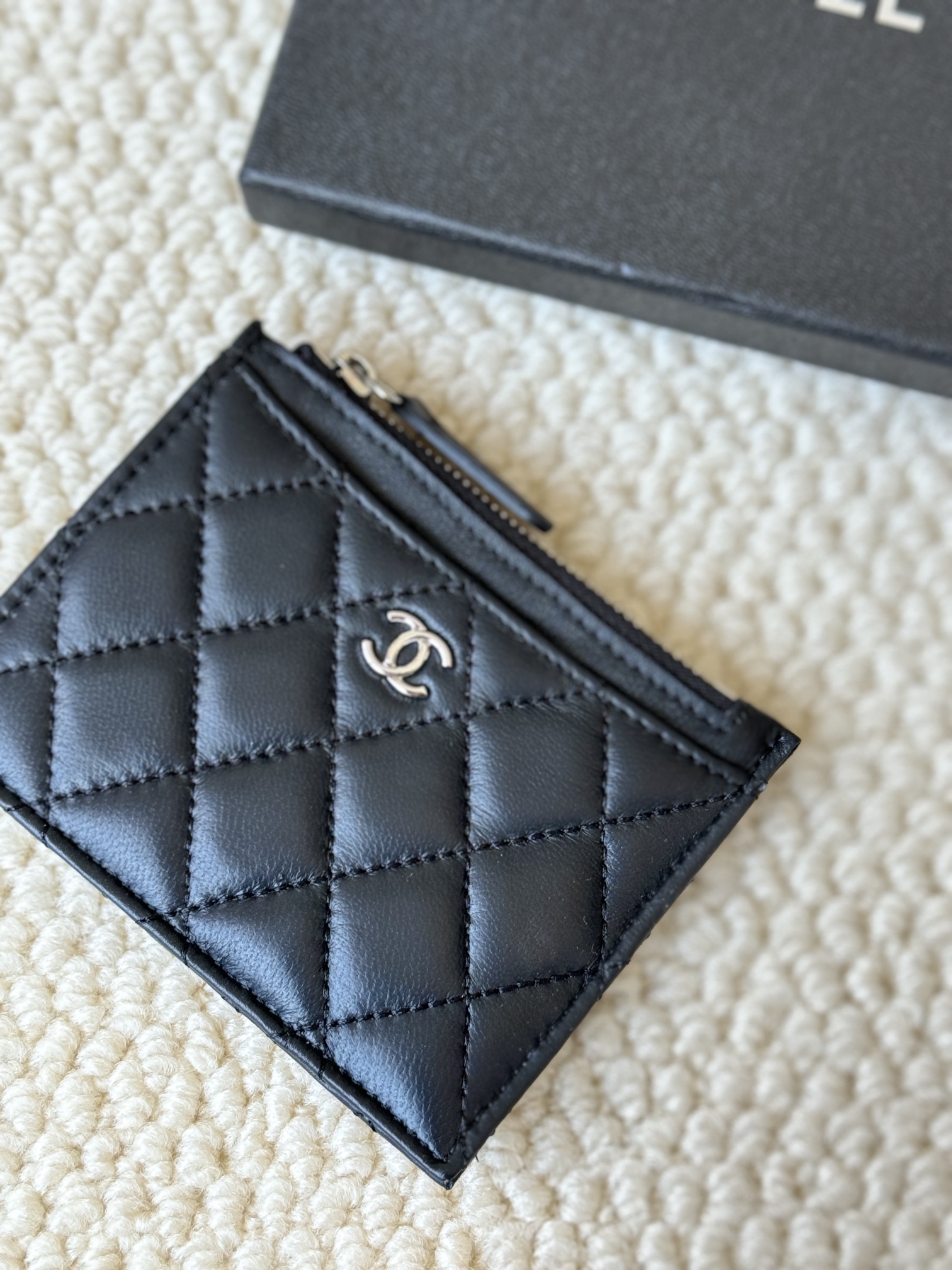 Chanel Classic Quilted Lambskin Zip Card Holder card holder Black lambskin leather with silver-tone metal hardware 11cm x 8cm