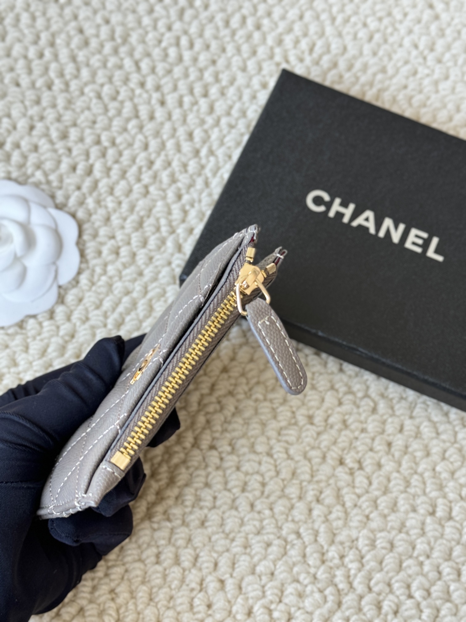 Chanel Classic Quilted Zip Card Holder card holder Taupe grained calfskin leather gold-tone metal hardware 11cm x 8 5cm