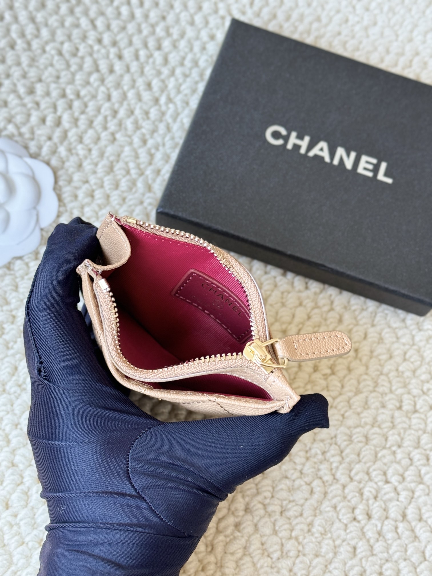 Chanel Classic Quilted Caviar Zip Card Holder card holder Beige caviar leather with gold-tone metal hardware 11cm x 8cm