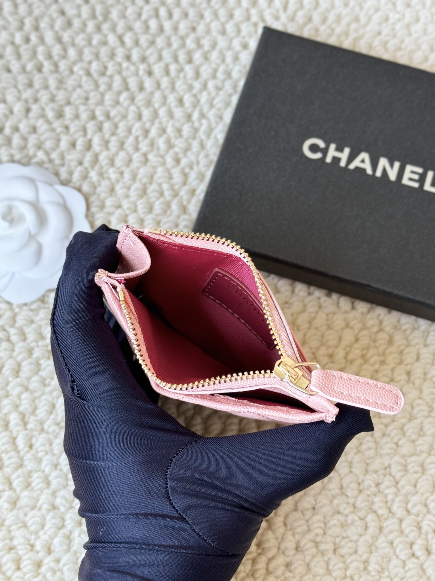Chanel Classic Quilted Caviar Zip Card Holder card holder Light Pink Caviar Leather Gold Tone Metal Hardware 11cm x 8 5cm