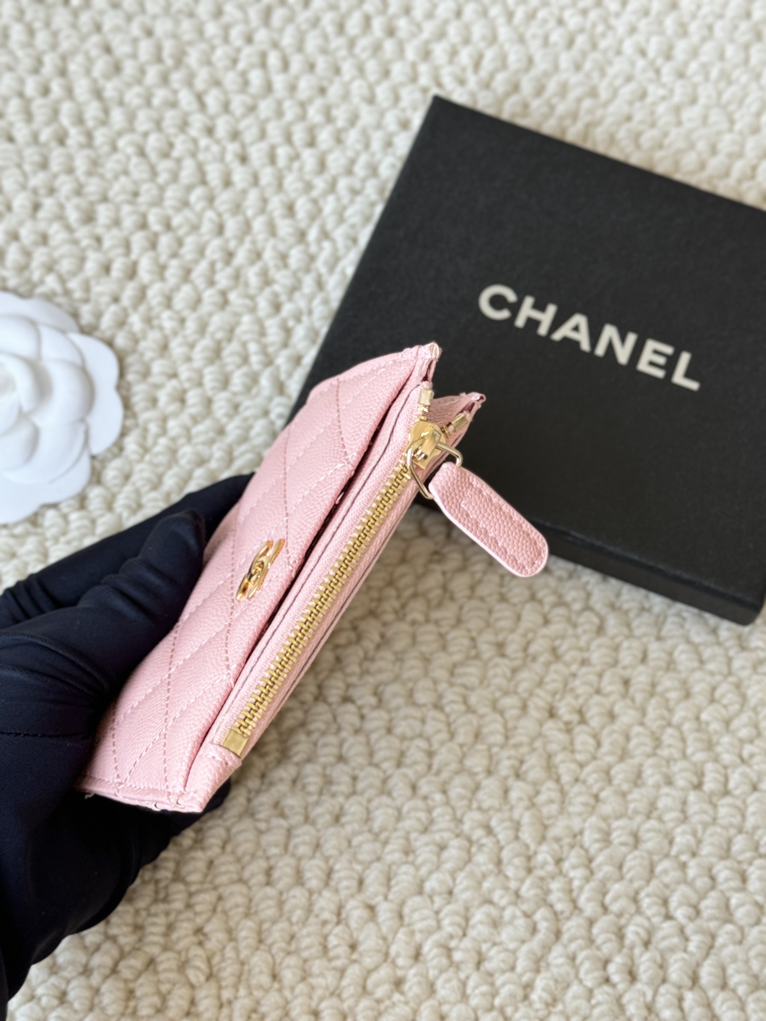 Chanel Classic Quilted Caviar Zip Card Holder card holder Light Pink Caviar Leather Gold Tone Metal Hardware 11cm x 8 5cm