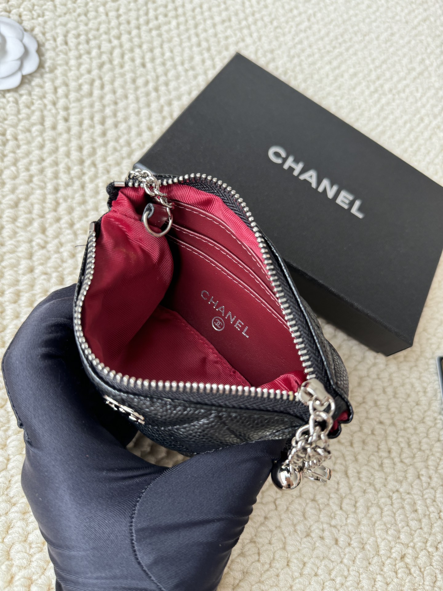 Chanel Classic Quilted Caviar Key Holder Pouch pendant Black grained caviar leather with silver-tone metal hardware Key ring diameter 2 5cm pouch length 12cm