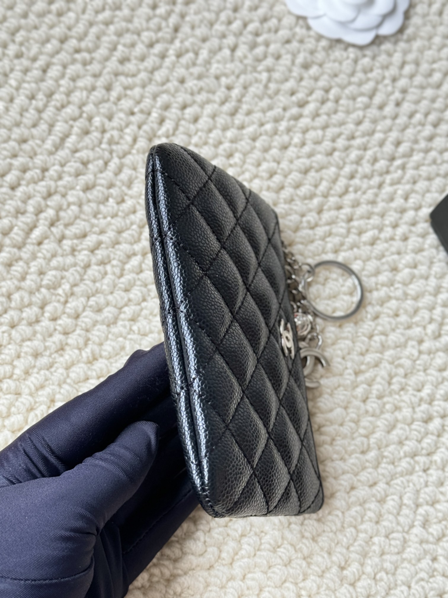 Chanel Classic Quilted Caviar Key Holder Pouch pendant Black grained caviar leather with silver-tone metal hardware Key ring diameter 2 5cm pouch length 12cm