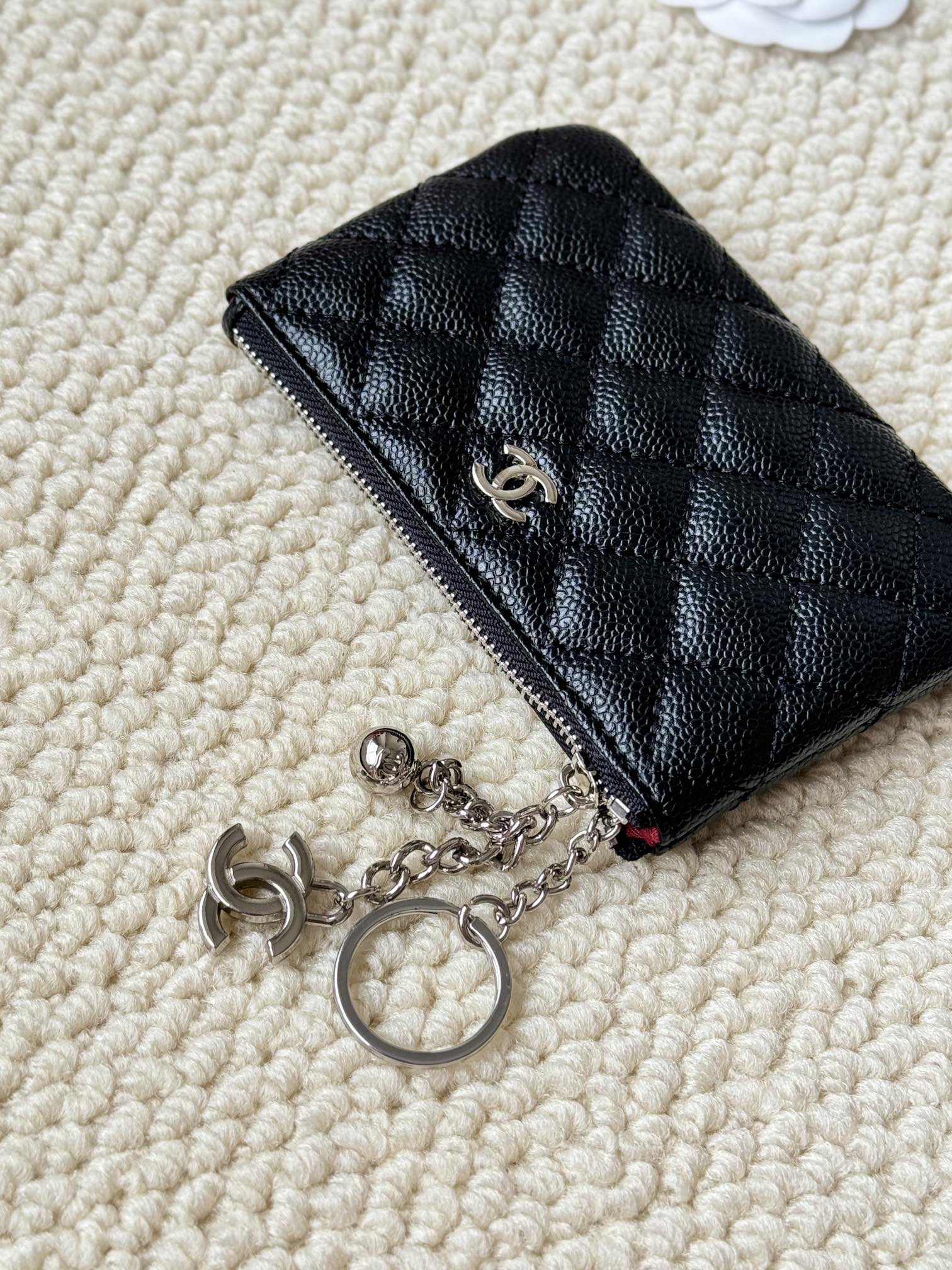 Chanel Classic Quilted Caviar Key Holder Pouch pendant Black grained caviar leather with silver-tone metal hardware Key ring diameter 2 5cm pouch length 12cm