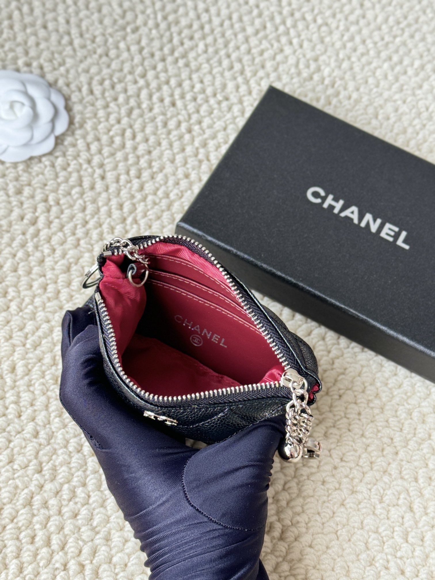 Chanel Classic Quilted Caviar Key Holder Pouch pendant Black grained caviar leather with silver-tone metal hardware Key ring diameter 2 5cm pouch length 12cm