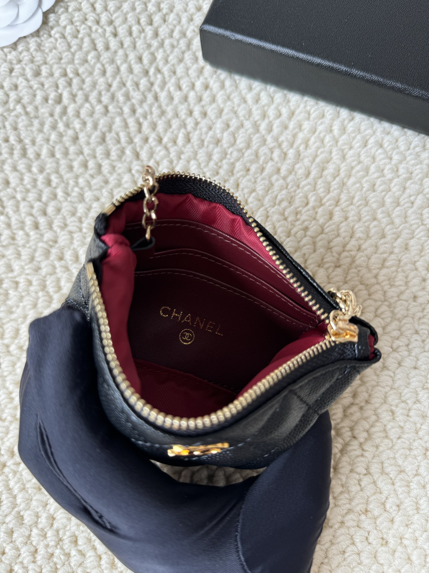 Chanel Classic Quilted Caviar Zip Key Pouch pendant Black grained caviar leather with gold-tone metal hardware 12cm x 8cm