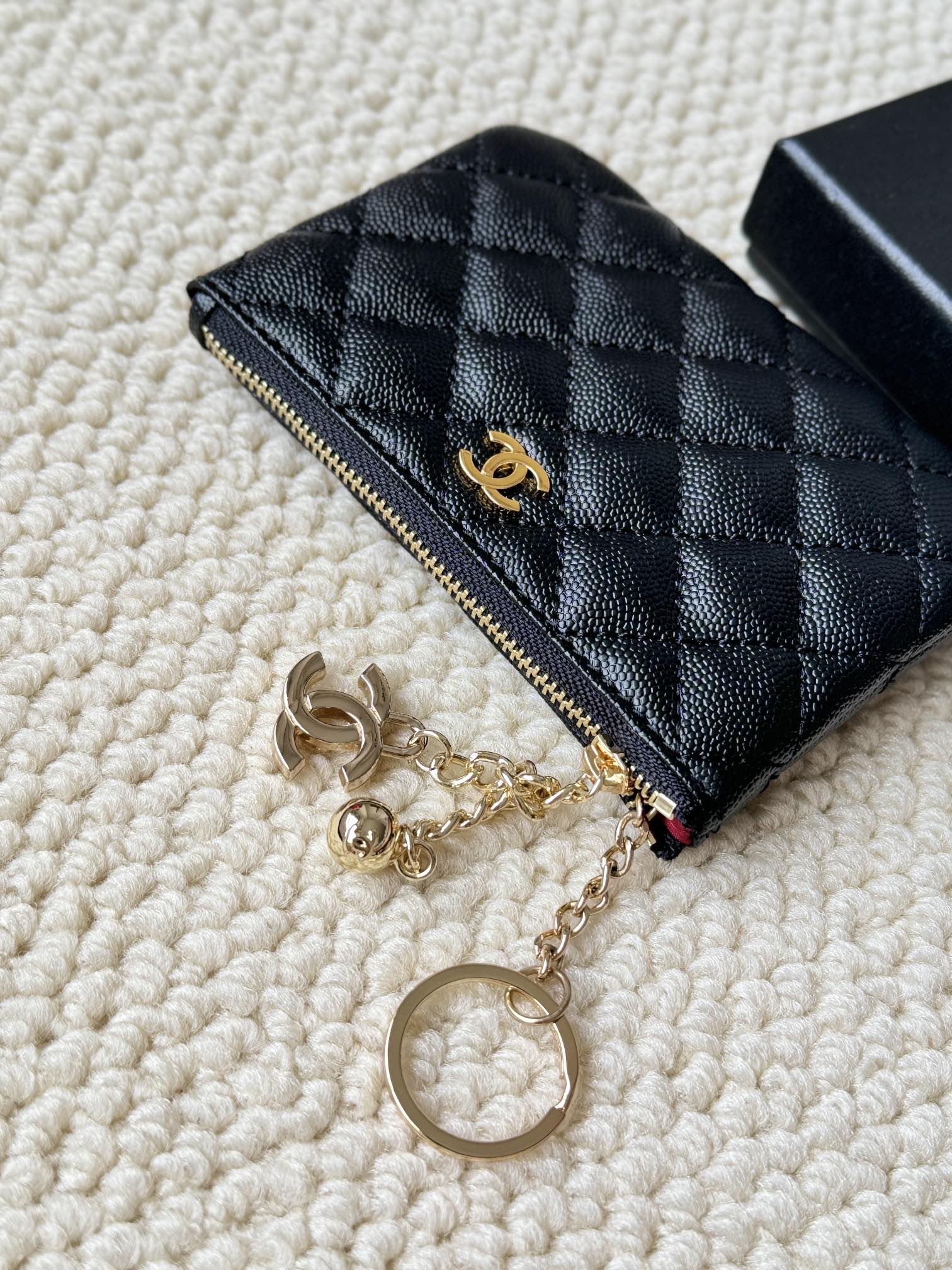 Chanel Classic Quilted Caviar Zip Key Pouch pendant Black grained caviar leather with gold-tone metal hardware 12cm x 8cm
