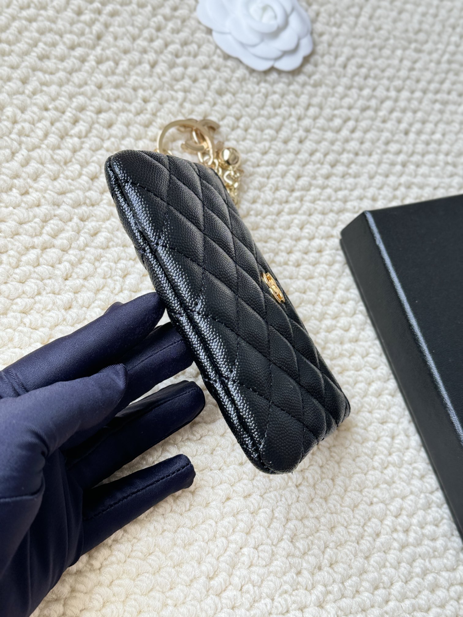 Chanel Classic Quilted Caviar Zip Key Pouch pendant Black grained caviar leather with gold-tone metal hardware 12cm x 8cm
