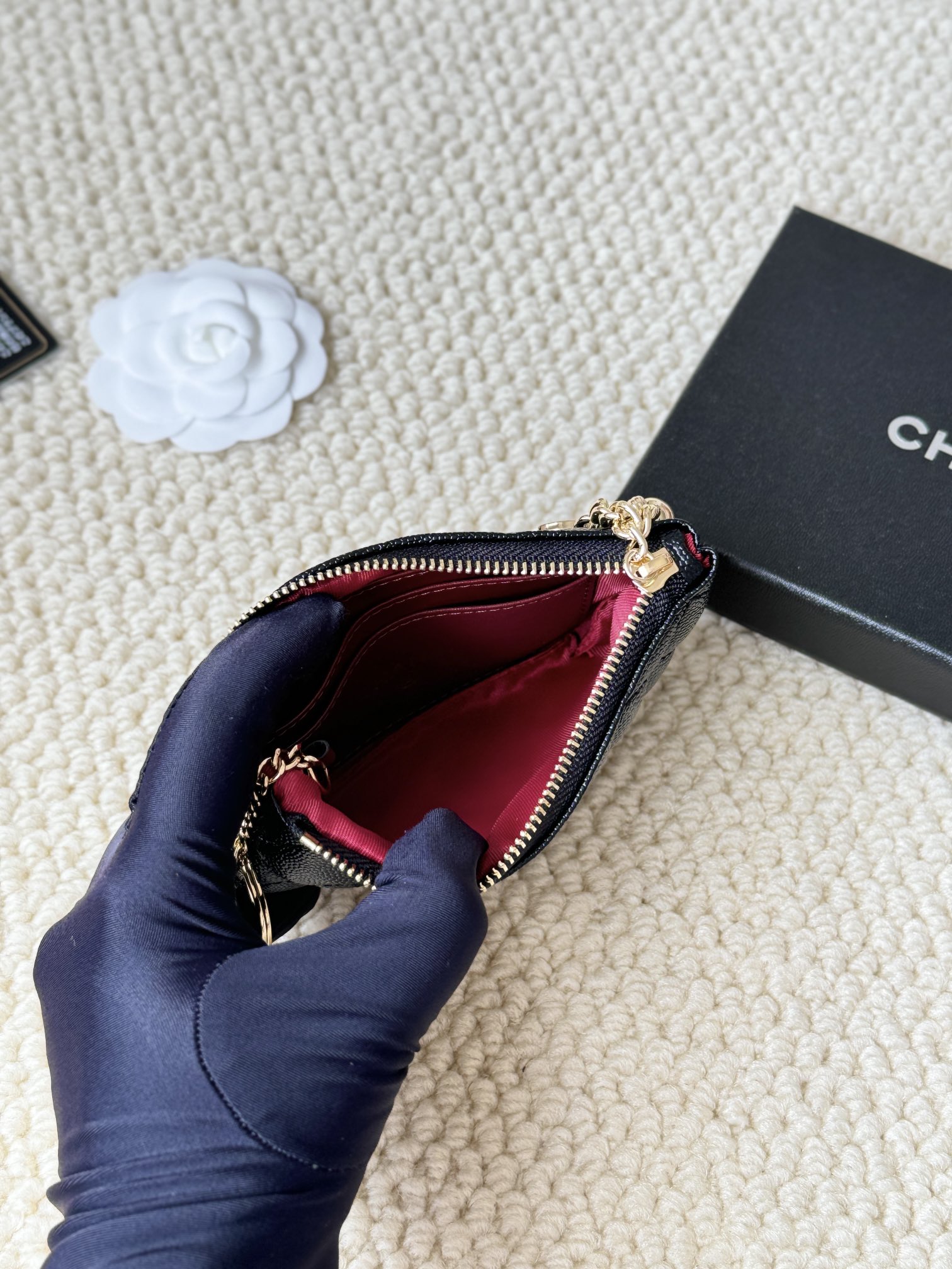 Chanel Classic Quilted Caviar Zip Key Pouch pendant Black grained caviar leather with gold-tone metal hardware 12cm x 8cm