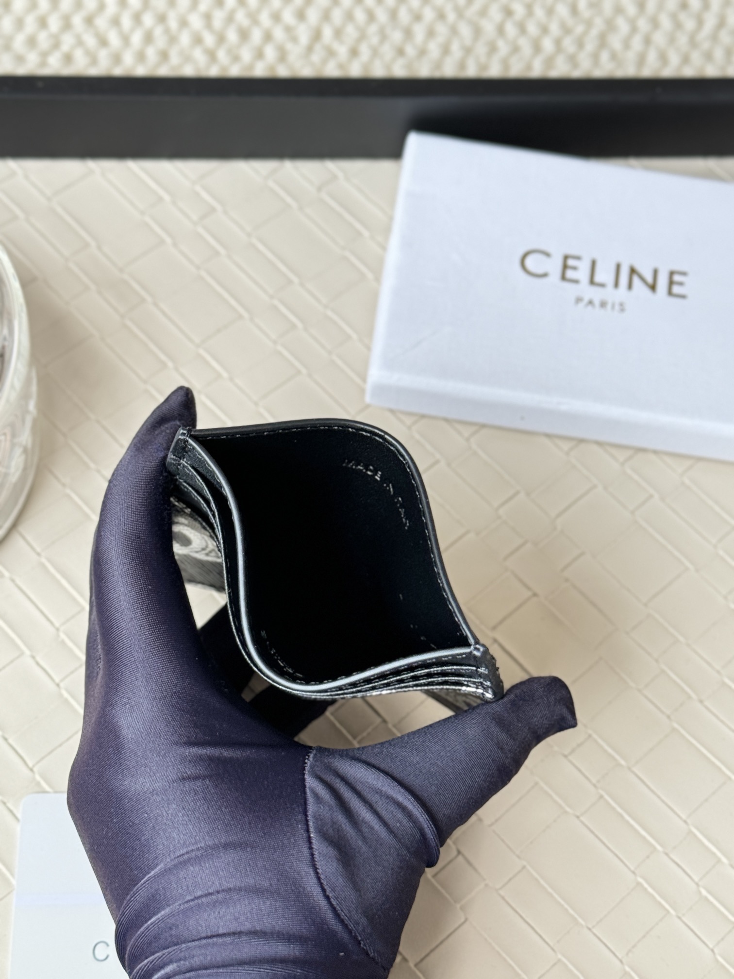 Celine Triomphe Canvas Card Holder card holder black coated canvas with white Triomphe monogram black leather trim white logo print 10 5cm x 7
