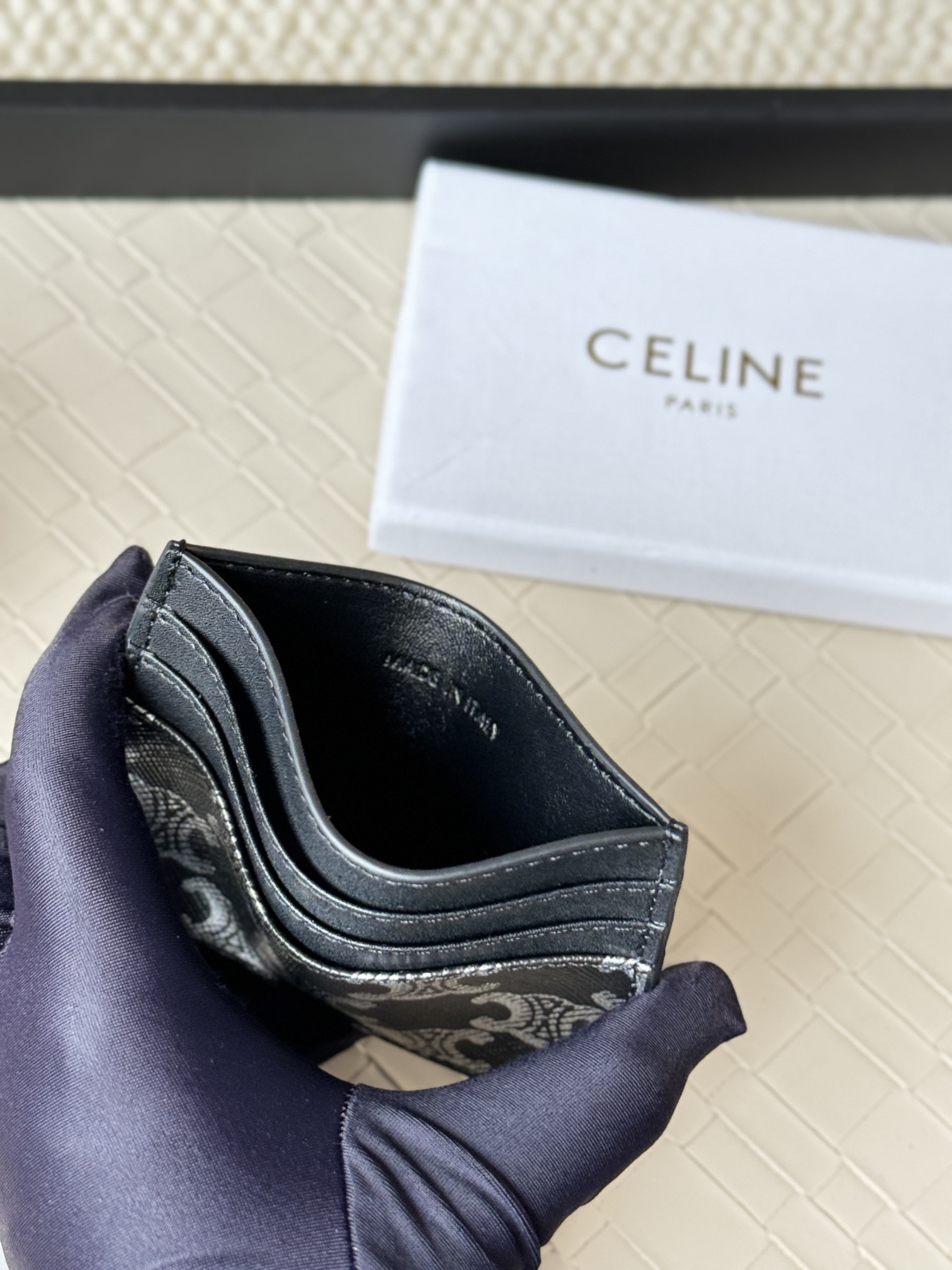 Celine Triomphe Canvas Card Holder card holder black coated canvas with white Triomphe monogram black leather trim white logo print 10 5cm x 7