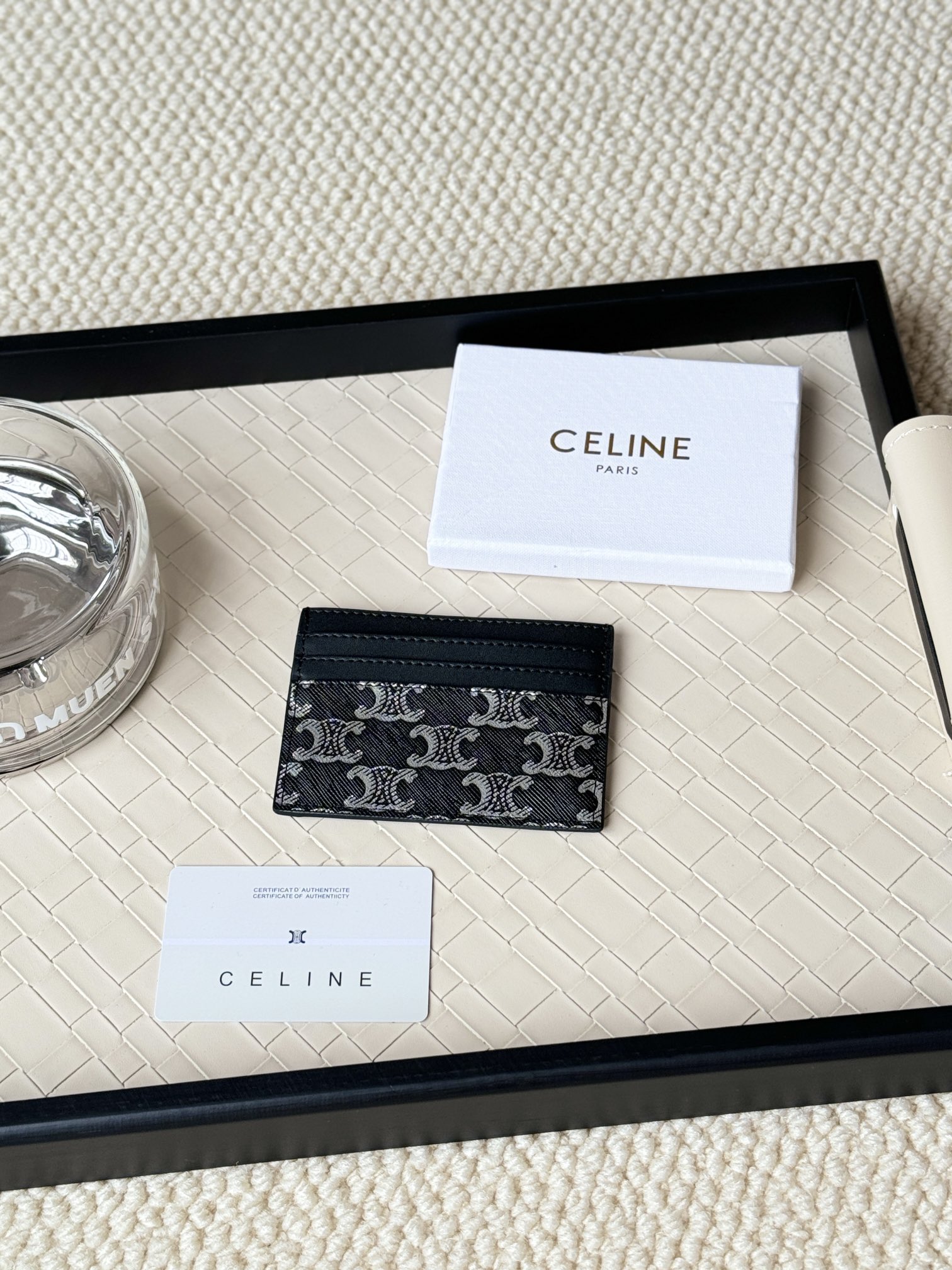 Celine Triomphe Canvas Card Holder card holder black coated canvas with white Triomphe monogram black leather trim white logo print 10 5cm x 7