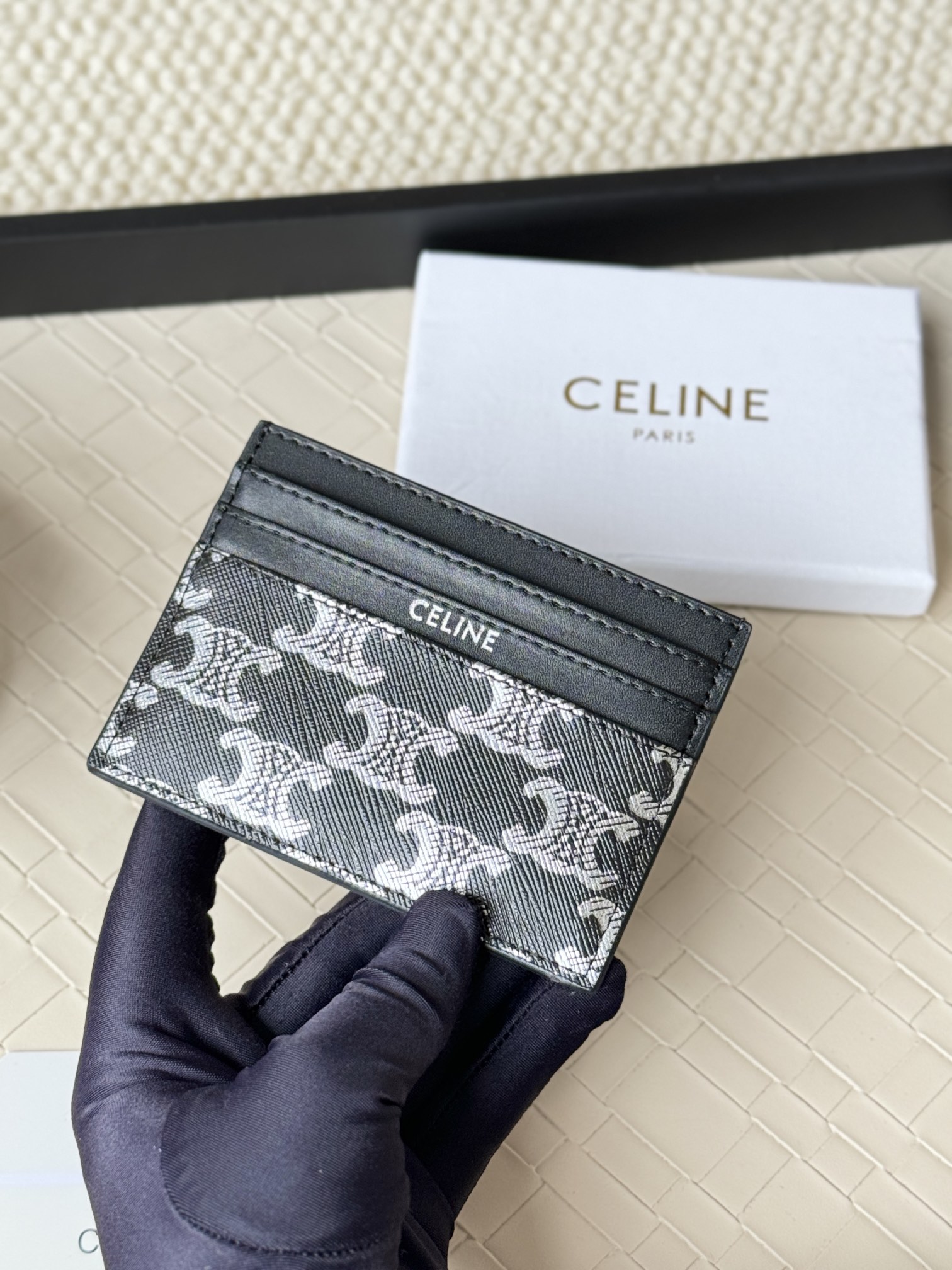 Celine Triomphe Canvas Card Holder card holder black coated canvas with white Triomphe monogram black leather trim white logo print 10 5cm x 7
