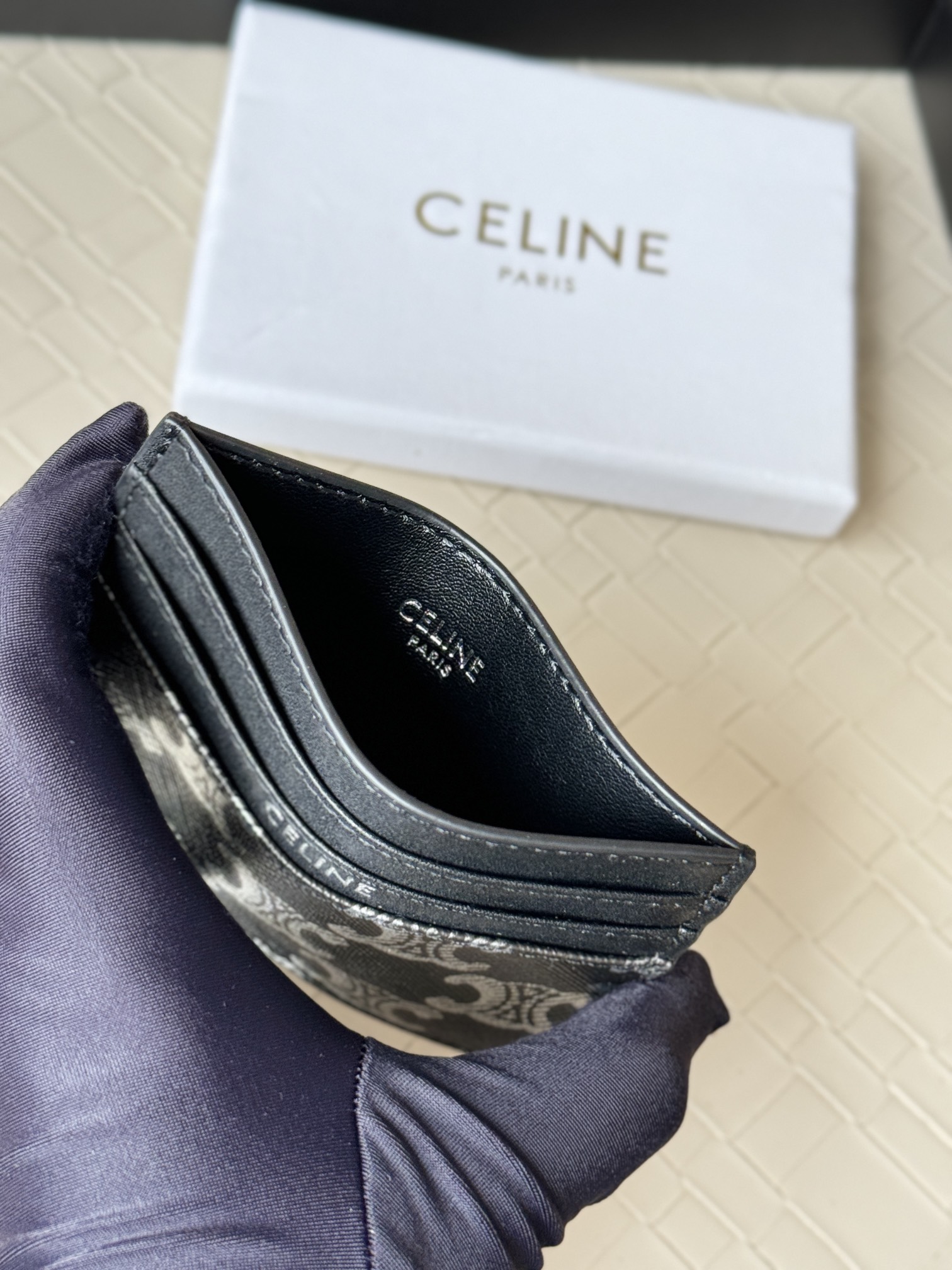 Celine Triomphe Canvas Card Holder card holder black coated canvas with white Triomphe monogram black leather trim white logo print 10 5cm x 7