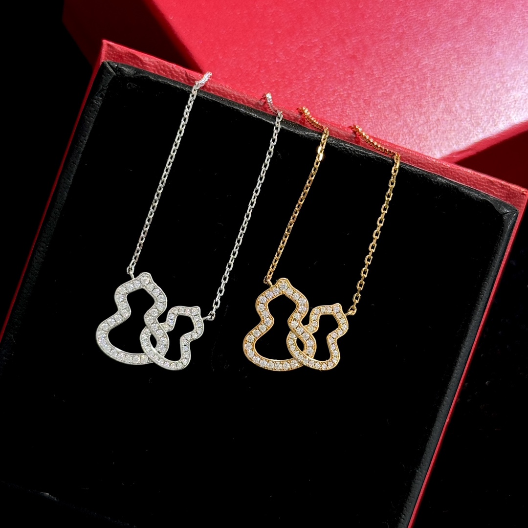 Qeelin Double Wulu necklace Rose gold metal with clear diamond pave 42cm