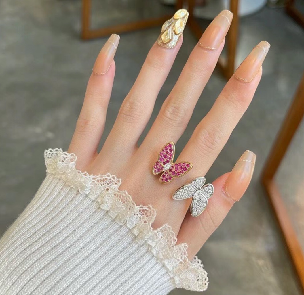 Van Cleef Arpels Two Butterfly ring 18k rose gold and 18k white gold set with pink sapphires and white diamonds US 7