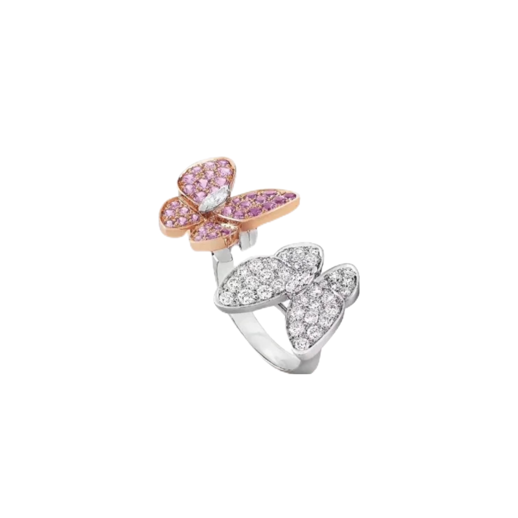 Van Cleef Arpels Two Butterfly ring 18k rose gold and 18k white gold set with pink sapphires and white diamonds US 7