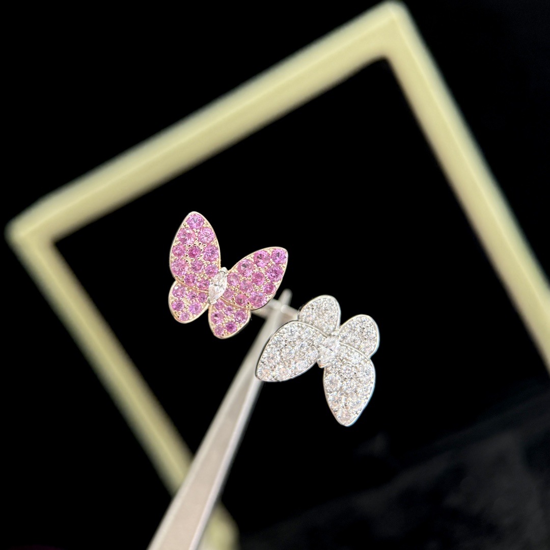 Van Cleef Arpels Two Butterfly ring 18k rose gold and 18k white gold set with pink sapphires and white diamonds US 7