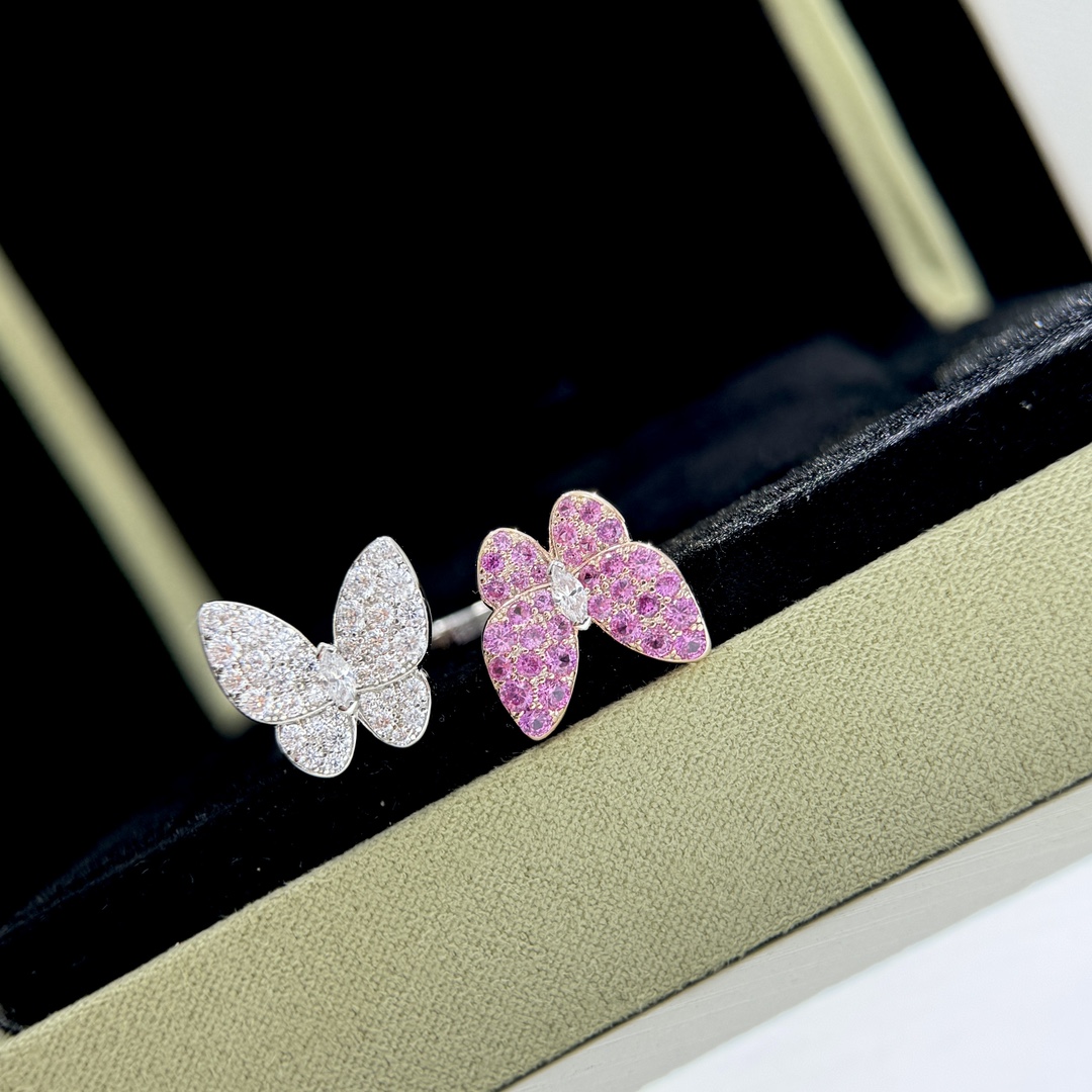 Van Cleef Arpels Two Butterfly ring 18k rose gold and 18k white gold set with pink sapphires and white diamonds US 7