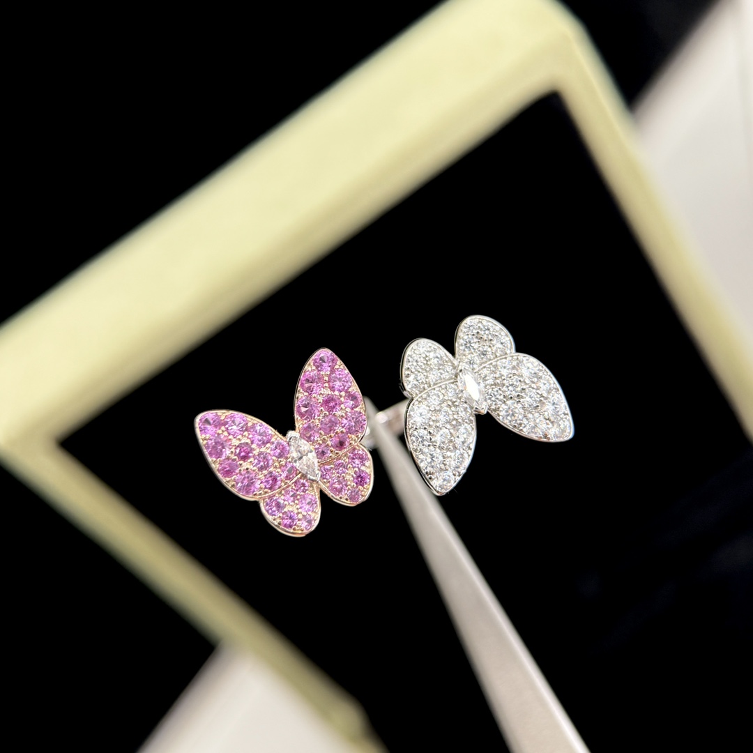 Van Cleef Arpels Two Butterfly ring 18k rose gold and 18k white gold set with pink sapphires and white diamonds US 7