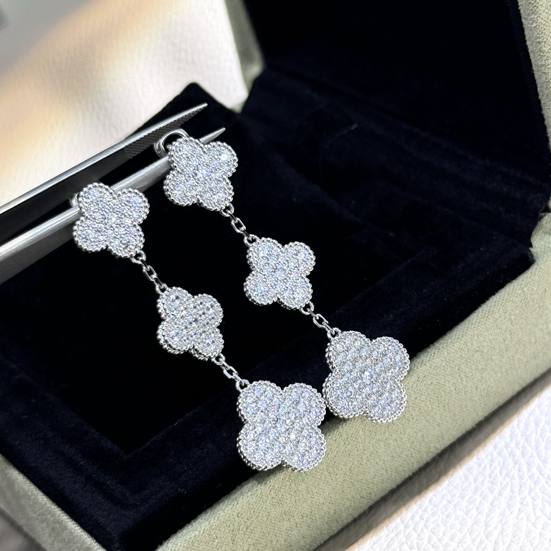 Van Cleef Arpels Magic Alhambra earrings white gold metal with full-pave clear diamonds 3 motifs drop length approximately 4 5cm