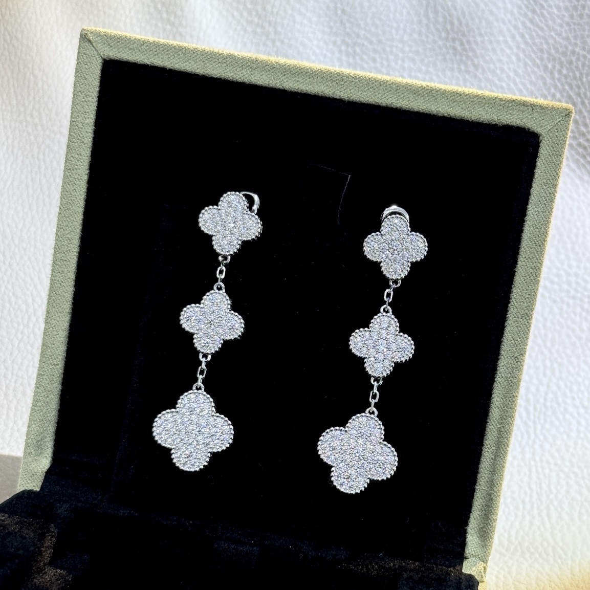 Van Cleef Arpels Magic Alhambra earrings white gold metal with full-pave clear diamonds 3 motifs drop length approximately 4 5cm