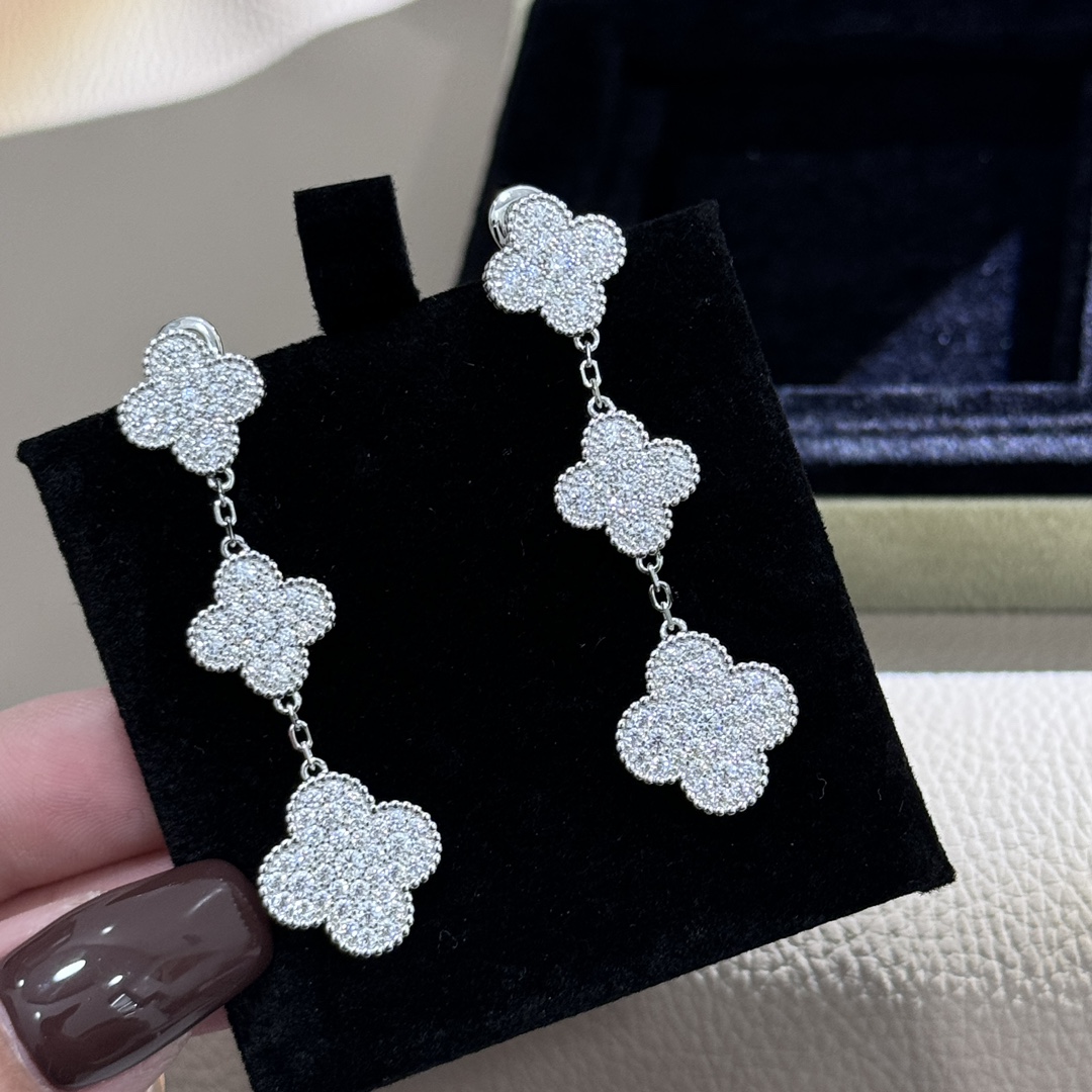 Van Cleef Arpels Magic Alhambra earrings white gold metal with full-pave clear diamonds 3 motifs drop length approximately 4 5cm