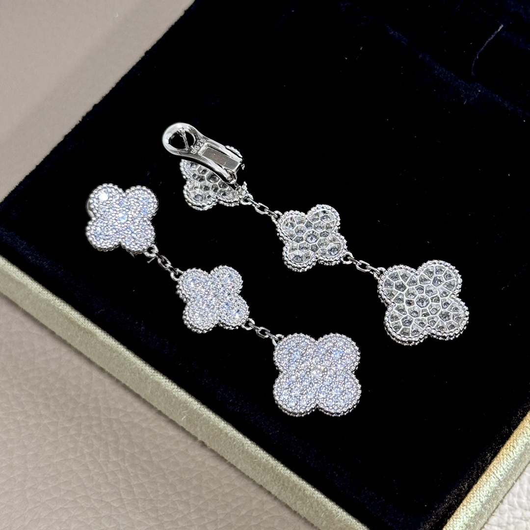 Van Cleef Arpels Magic Alhambra earrings white gold metal with full-pave clear diamonds 3 motifs drop length approximately 4 5cm