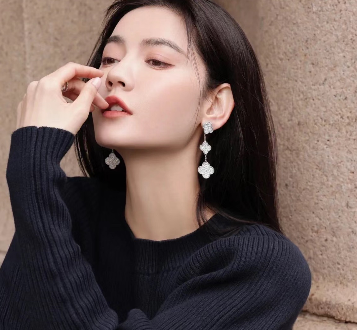 Van Cleef Arpels Magic Alhambra earrings white gold metal with full-pave clear diamonds 3 motifs drop length approximately 4 5cm