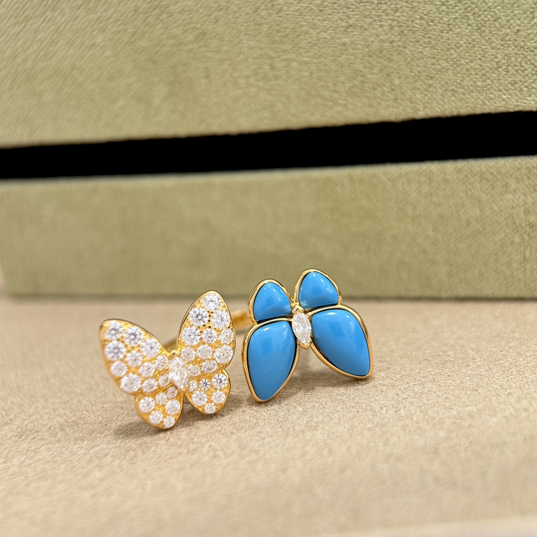 Van Cleef Arpels Bague Two Butterfly Or jaune 18 carats diamant turquoise 52