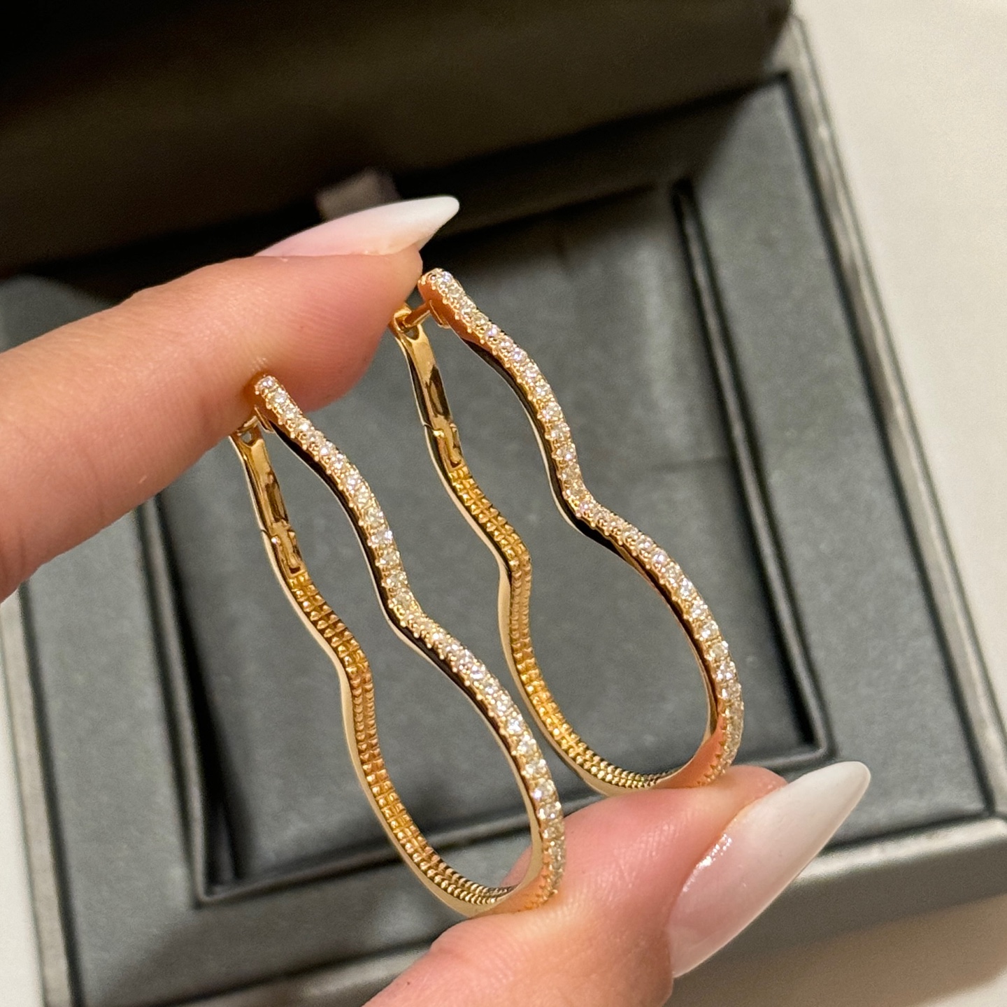 Qeelin Wulu earrings rose gold metal with clear diamond pave 3 5cm hoop diameter