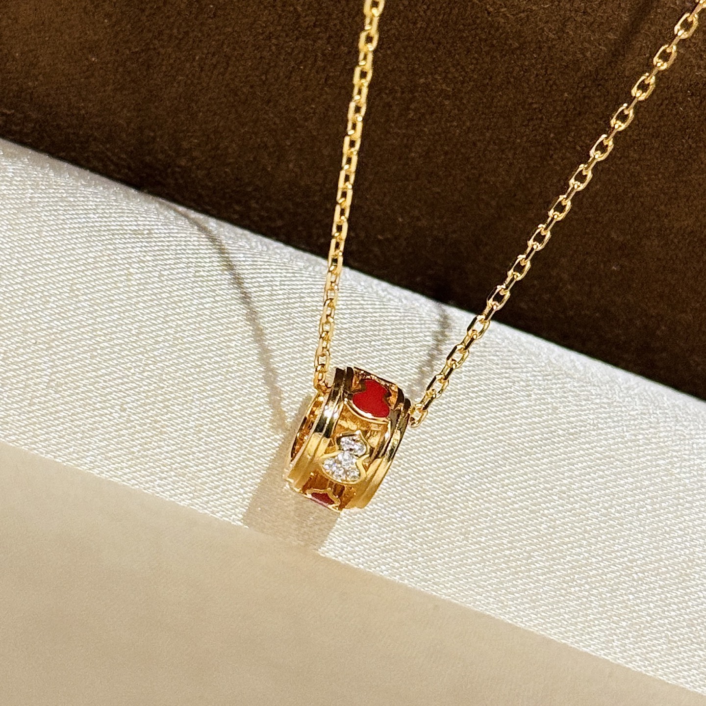 Qeelin Wulu necklace Yellow gold plated metal with red agate and clear diamond accents 40-45cm adjustable