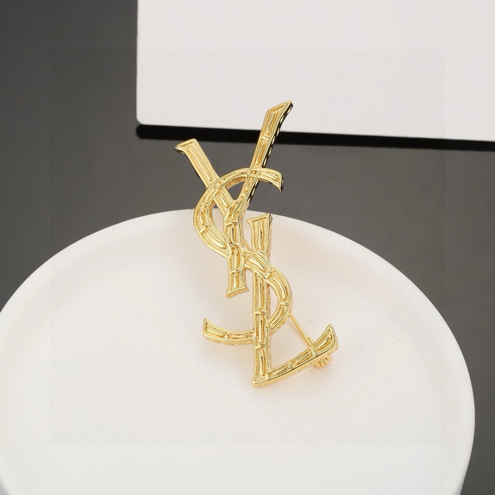 Saint Laurent Cassandre YSL Monogram Bamboo Textured Brooch brooch gold tone metal no accent stones 4 5cm width