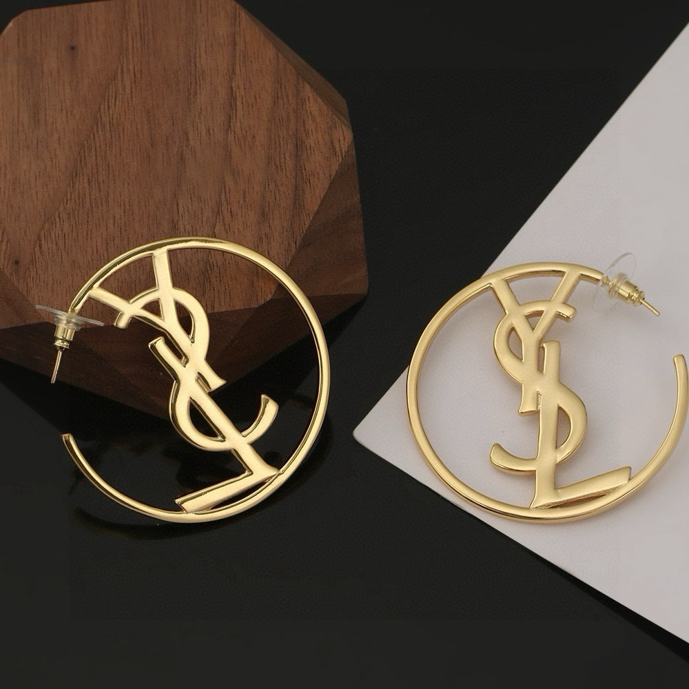Saint Laurent Cassandre YSL Monogram Open Hoop earrings gold-tone metal 5cm diameter