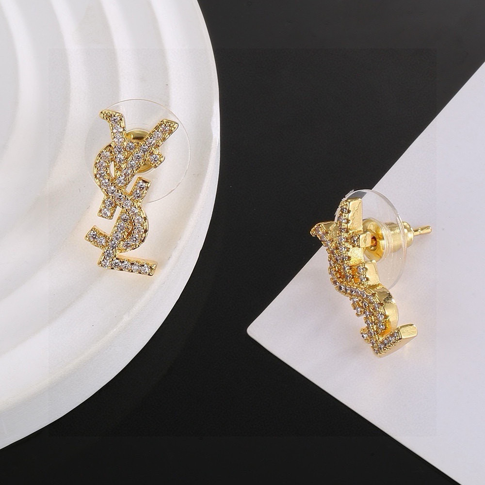 Saint Laurent Cassandre YSL Monogram Pave Stud Earrings earrings Silver-toned metal with clear pave crystals Gold-toned metal with clear pave crystals 1 5cm stud length