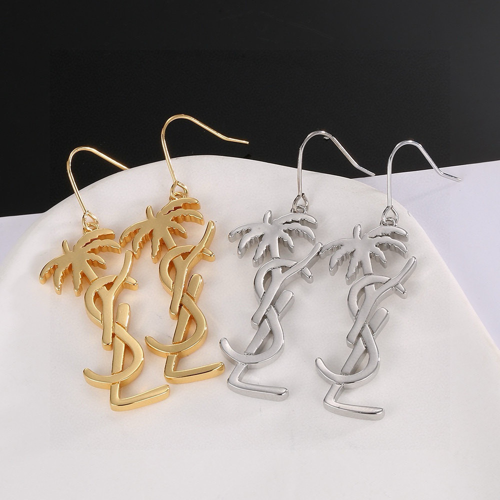 Saint Laurent YSL 1961 Palm Tree Monogram Drop Earrings earrings Polished gold-tone metal gold variant and polished silver-tone metal silver variant no accent stones 4 5cm drop length