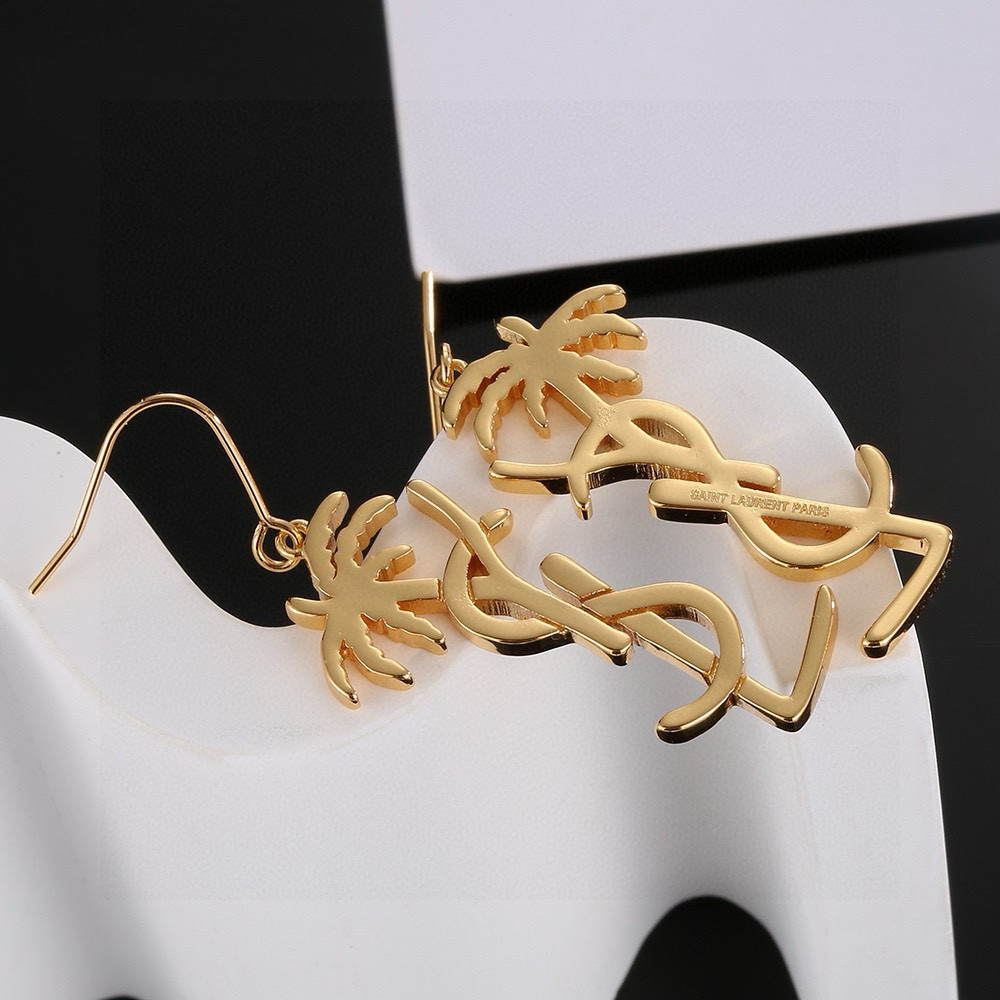 Saint Laurent YSL 1961 Palm Tree Monogram Drop Earrings earrings Polished gold-tone metal gold variant and polished silver-tone metal silver variant no accent stones 4 5cm drop length